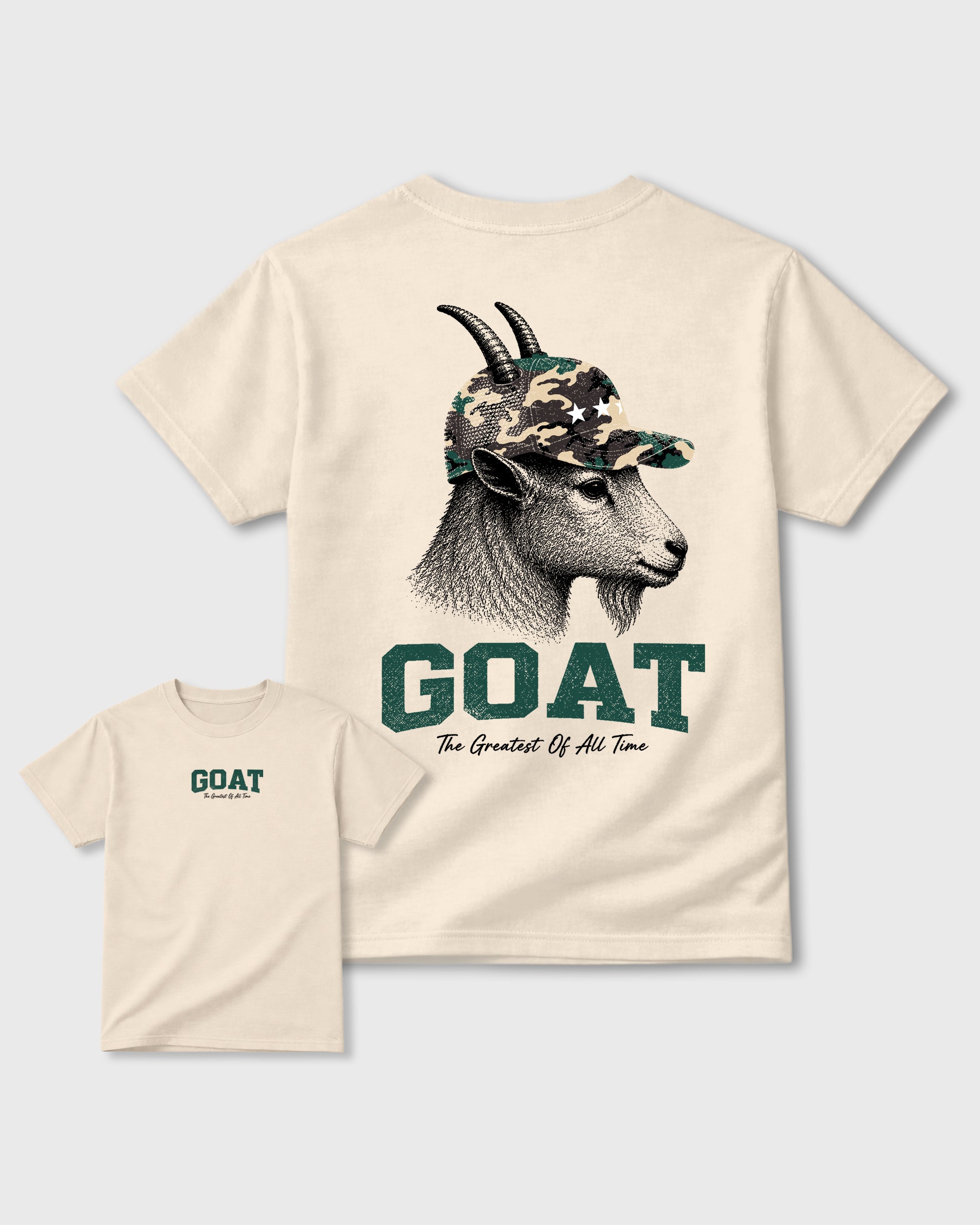 Heritage GOAT Natural Graphic T-Shirt - 1, sneaker matching tee designed to match Air Foamposite Pro Green Camo sneakers for a coordinated sneaker outfit.