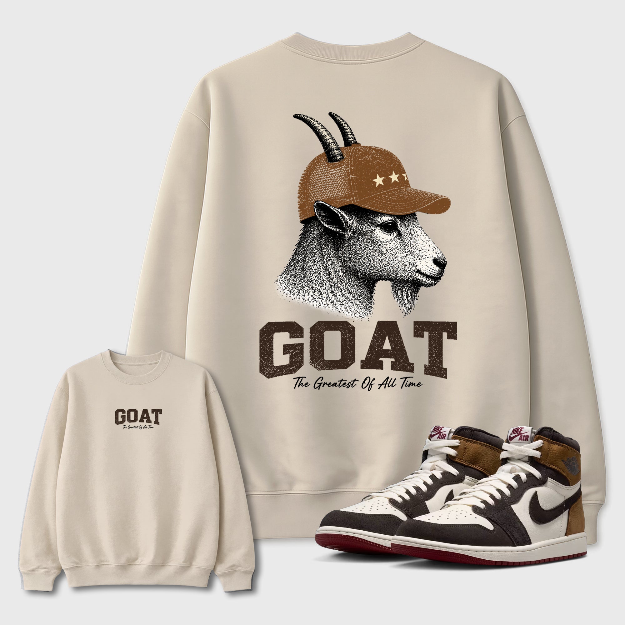 Heritage GOAT Graphic T-Shirt featuring original streetwear artwork designed to match the Air Jordan 1 Love Letter. Natural Graphic Tee.