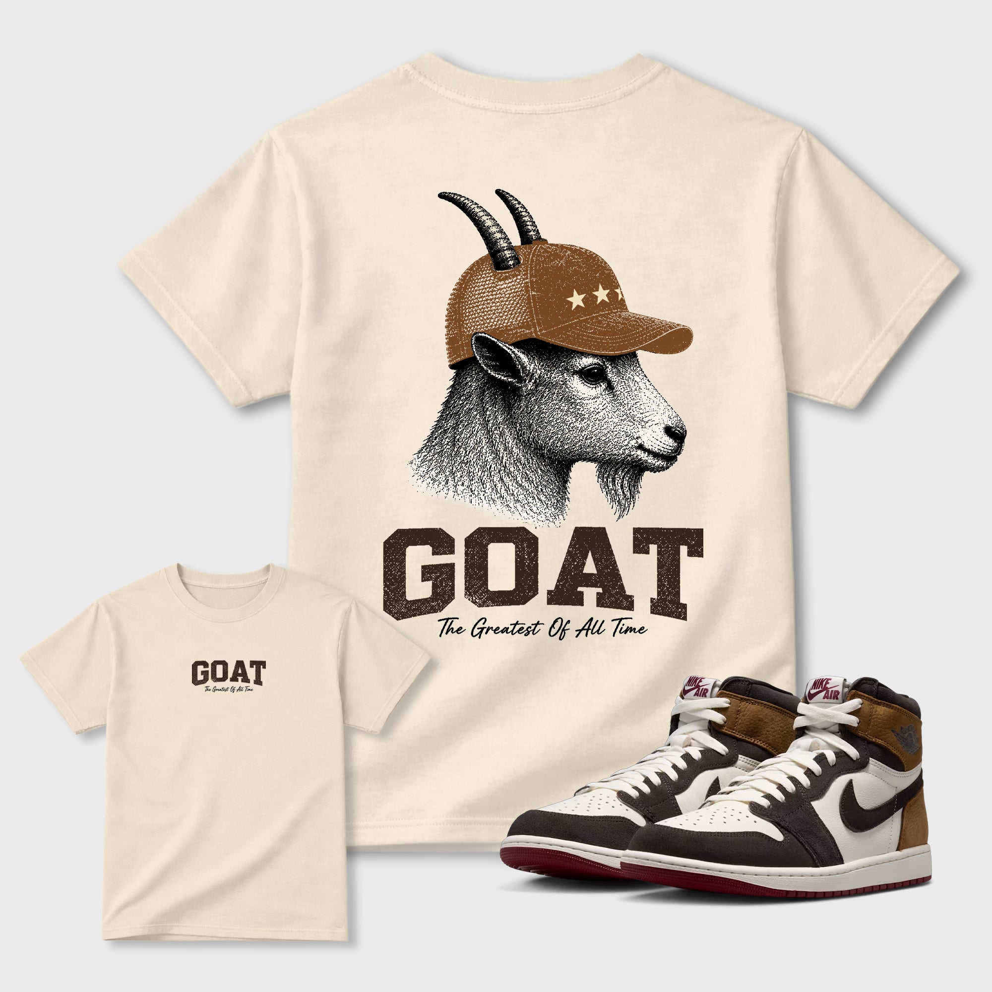 Heritage GOAT Graphic T-Shirt featuring original streetwear artwork designed to match the Air Jordan 1 Love Letter. Natural Graphic T-Shirt.