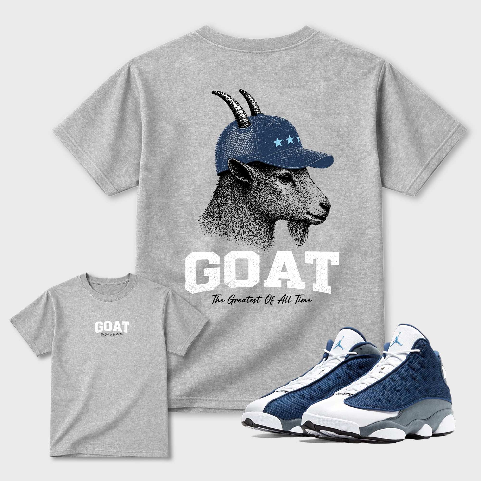 Heritage GOAT Graphic T-Shirt featuring original streetwear artwork designed to match the Air Jordan 13 Flint. Heather Grey Graphic T-Shirt.