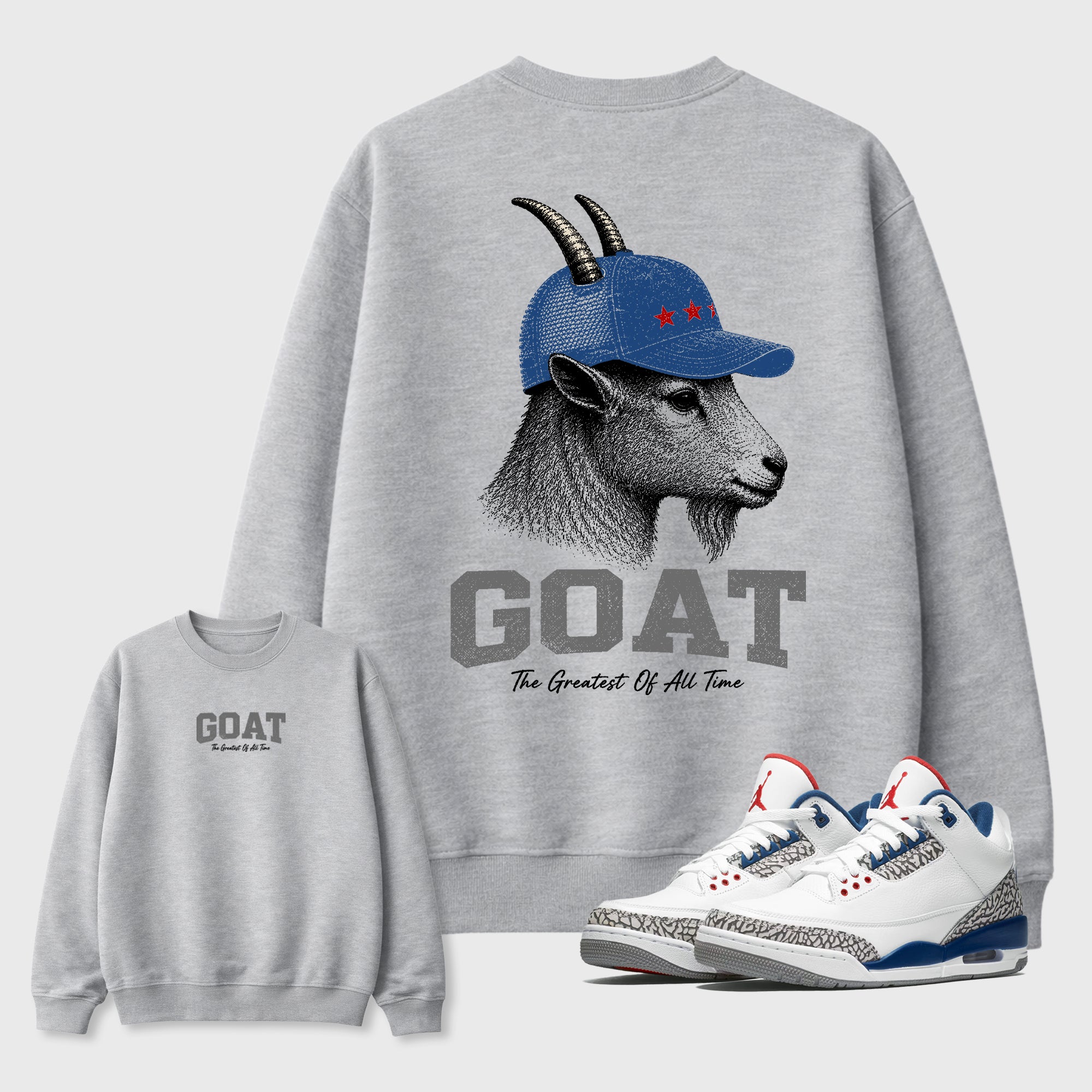 Heritage GOAT Graphic T-Shirt featuring original streetwear artwork designed to match the Air Jordan 3 True Blue. Heather Grey Graphic Tee.