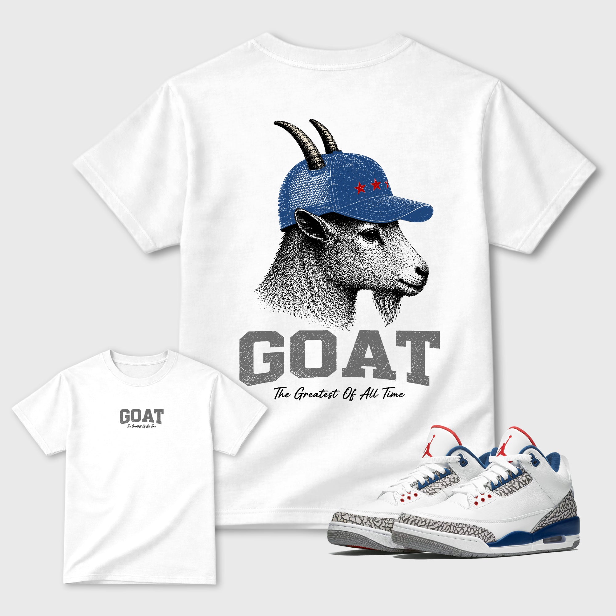 Heritage GOAT Graphic T-Shirt featuring original streetwear artwork designed to match the Air Jordan 3 True Blue. White Graphic T-Shirt.