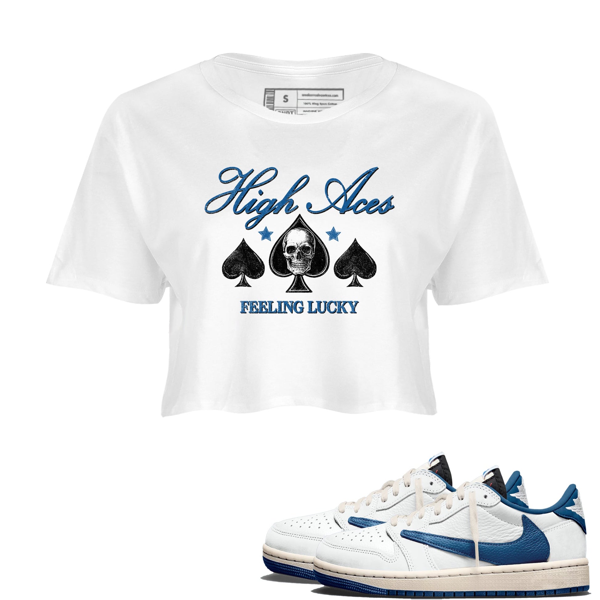 Sneaker match tees – Sneaker Tees To Match Air Jordan 1 Travis Scott Fragment Shoes – High Aces Crop T-Shirt White 1