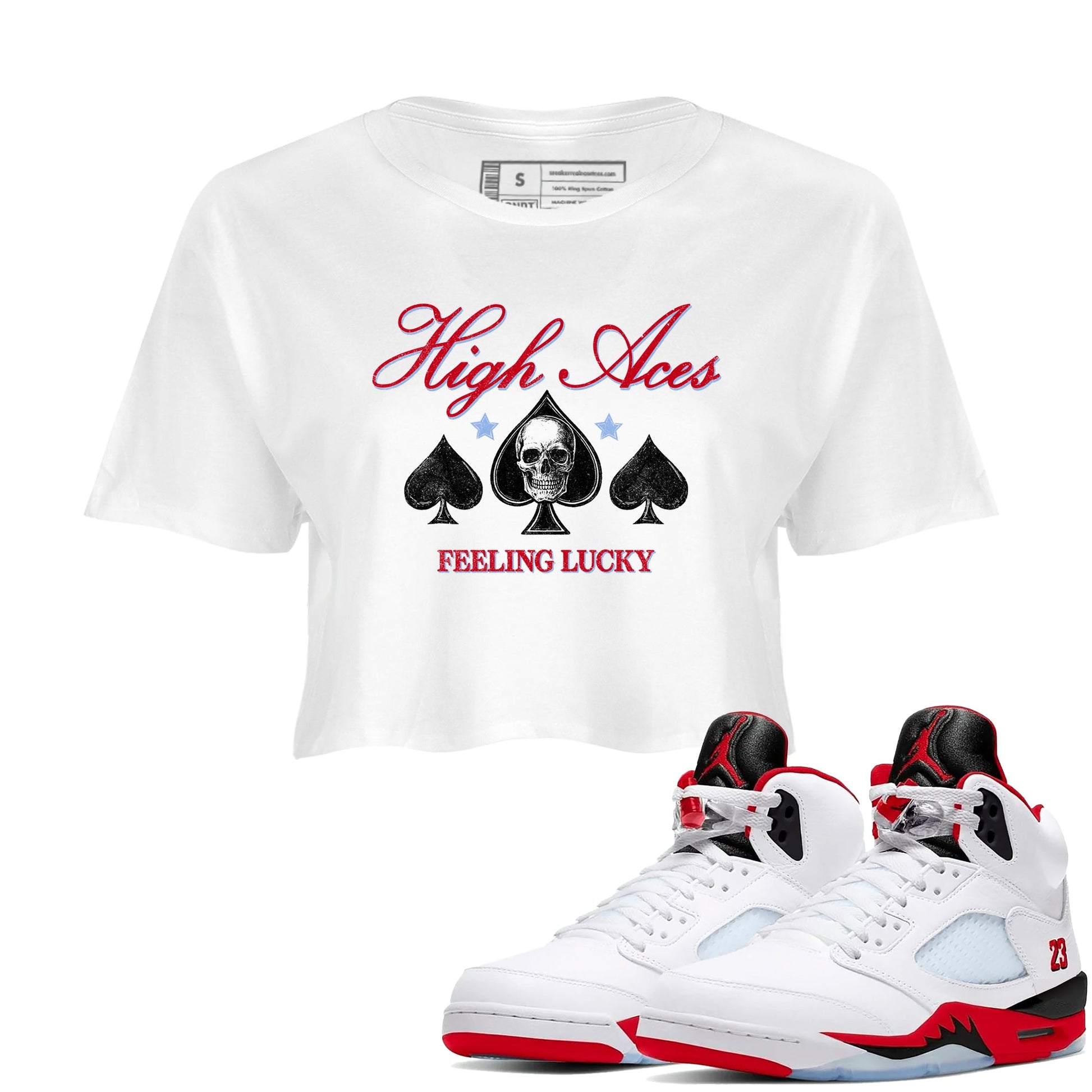 Sneaker match tees – Sneaker Tees To Match Air Jordan 5 Fire Red Shoes – High Aces Crop T-Shirt White 1