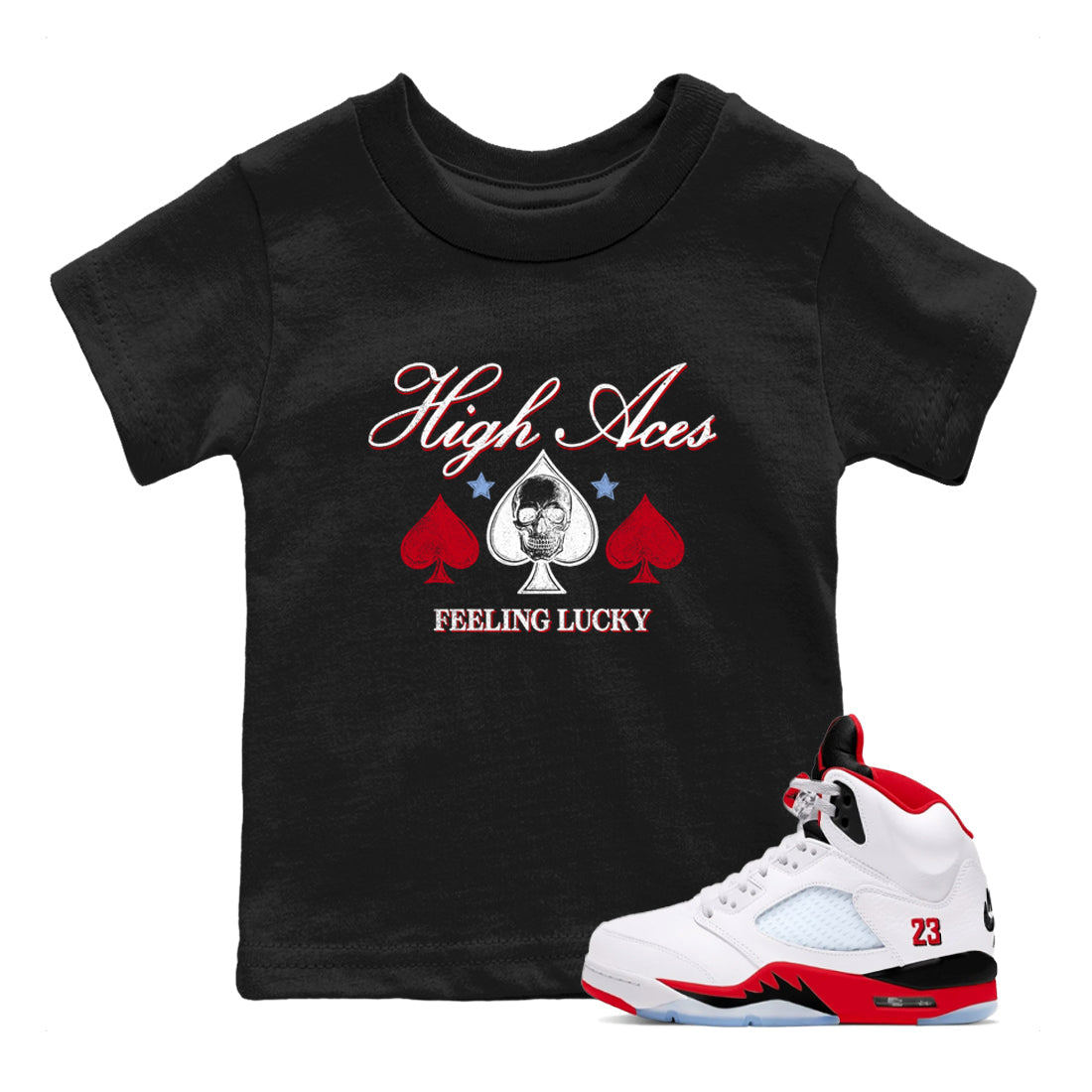 Sneaker match tees – Sneaker Tees To Match Air Jordan 5 Fire Red Shoes – High Aces Kids T-Shirt Black 1