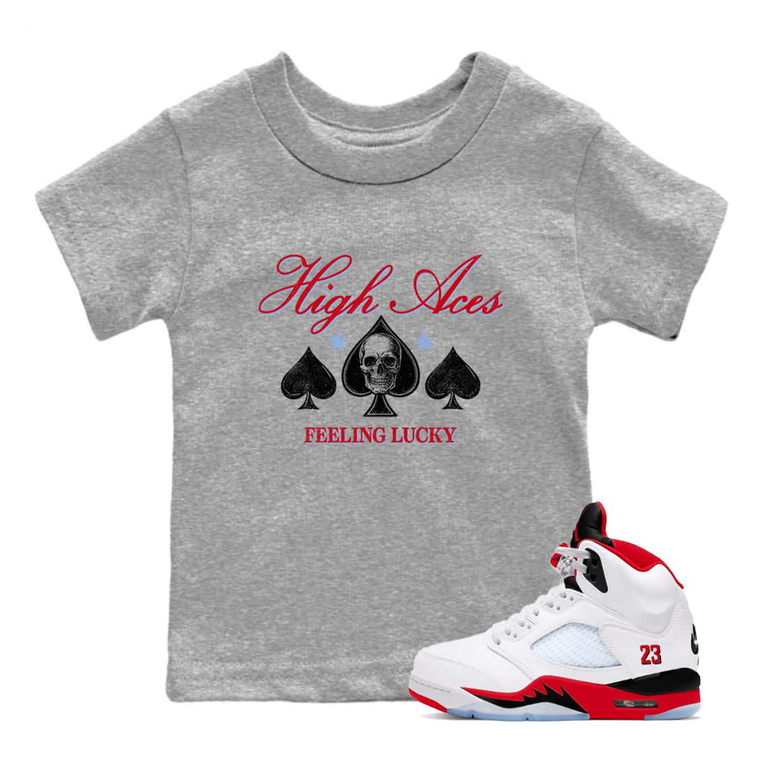 Sneaker match tees – Sneaker Tees To Match Air Jordan 5 Fire Red Shoes – High Aces Kids T-Shirt Heather Grey 1