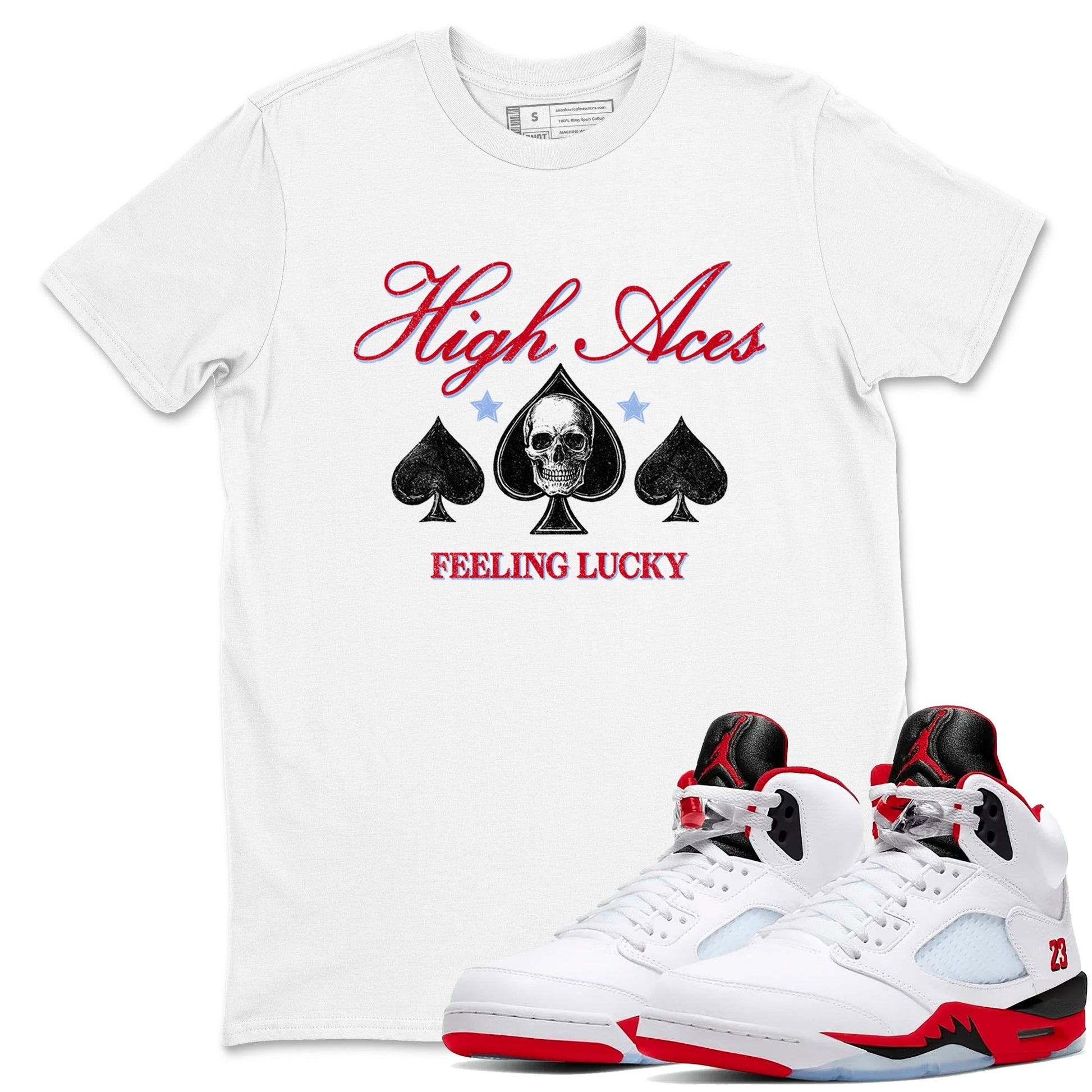 Sneaker match tees – Sneaker Tees To Match Air Jordan 5 Fire Red Shoes – High Aces Tee White 1