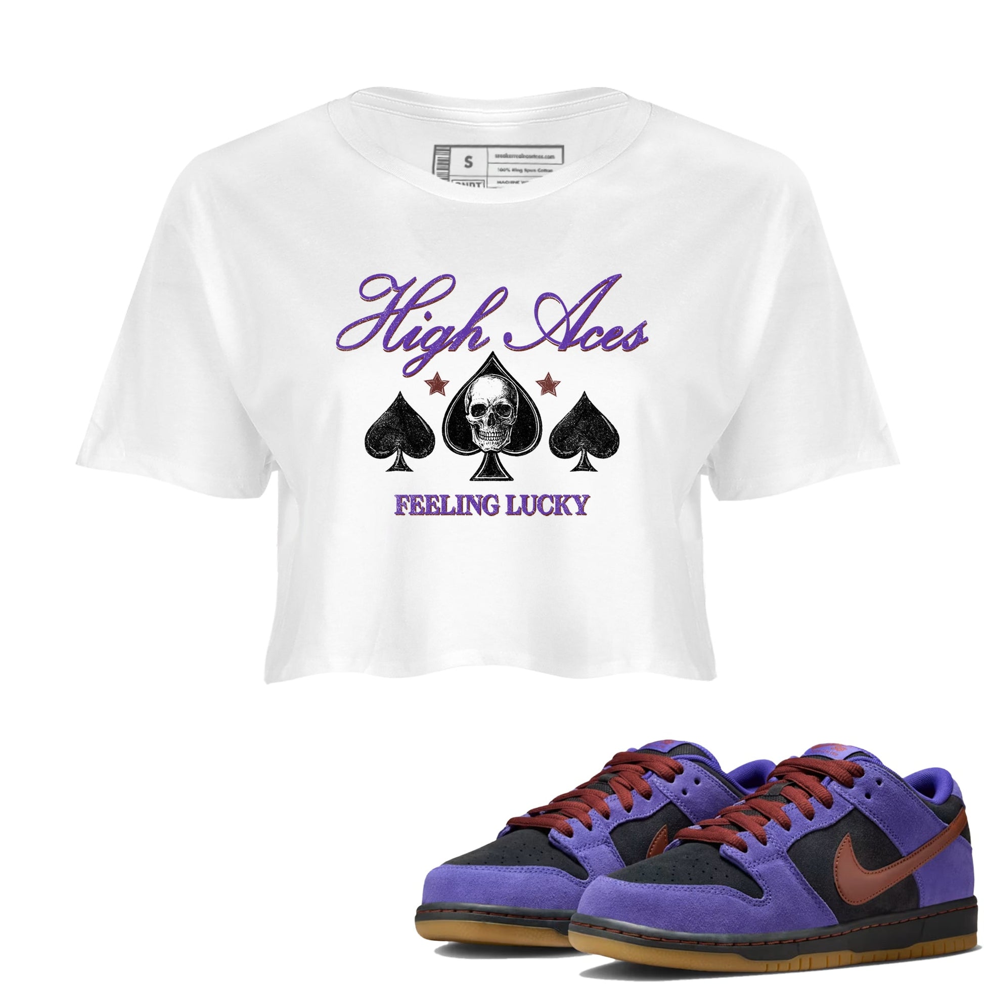 Sneaker match tees – Sneaker Threads To Match Dunk Low Persian Violet Shoes – High Aces Crop T-Shirt White 1