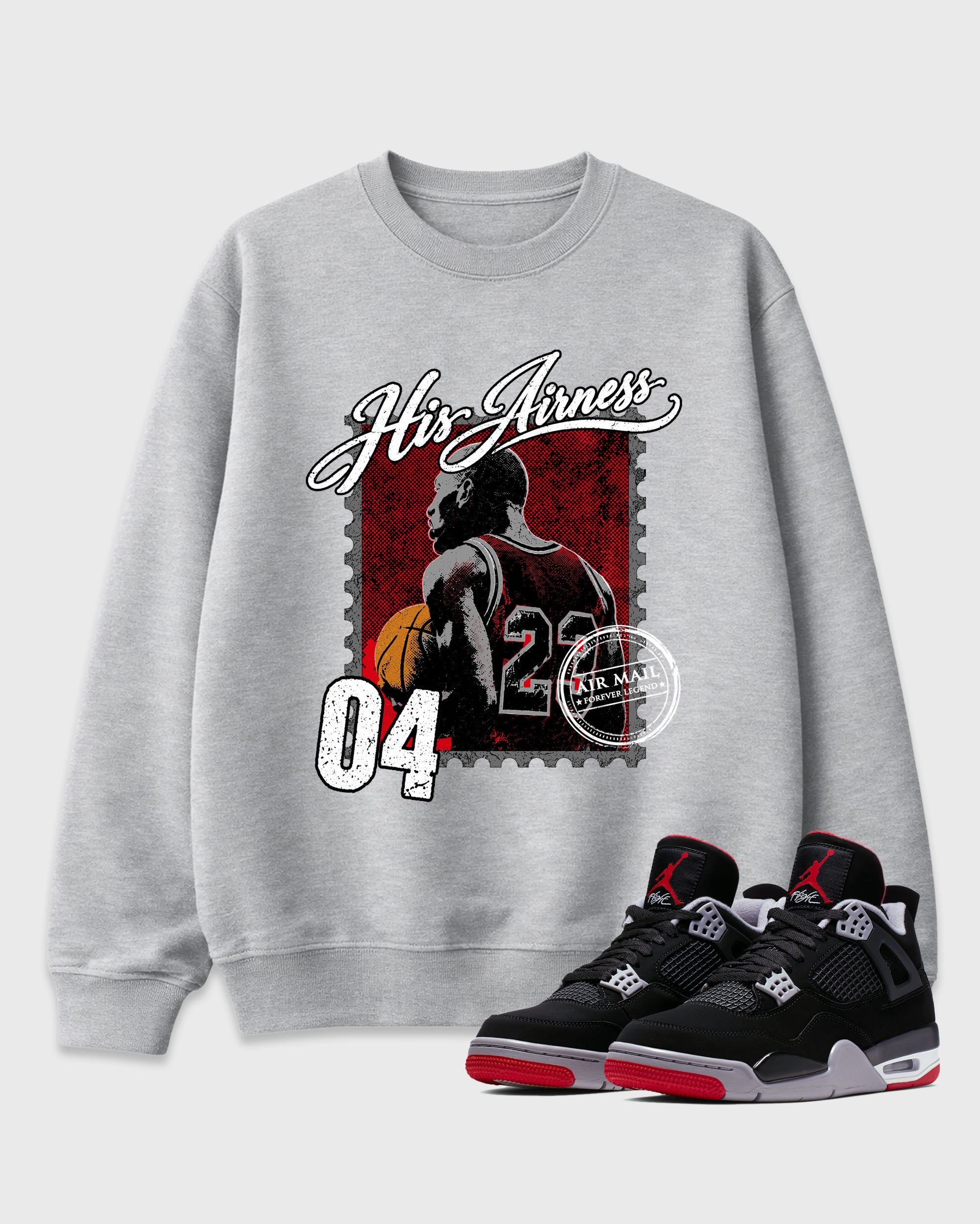 His Airness Graphic T-Shirt featuring original streetwear artwork designed to match the Air Jordan 4 Bred. Heather Grey 1 Graphic Tee.