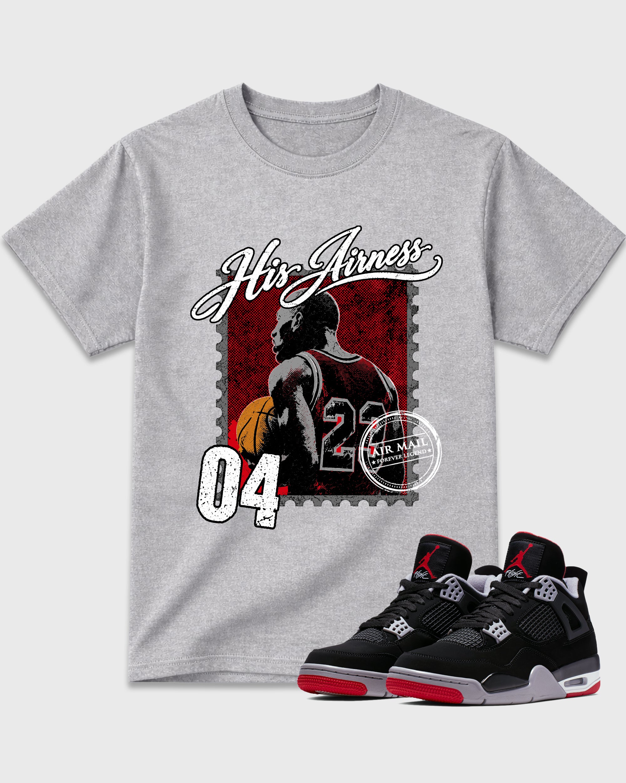 His Airness Graphic T-Shirt featuring original streetwear artwork designed to match the Air Jordan 4 Bred. Heather Grey 1 Graphic T-Shirt.