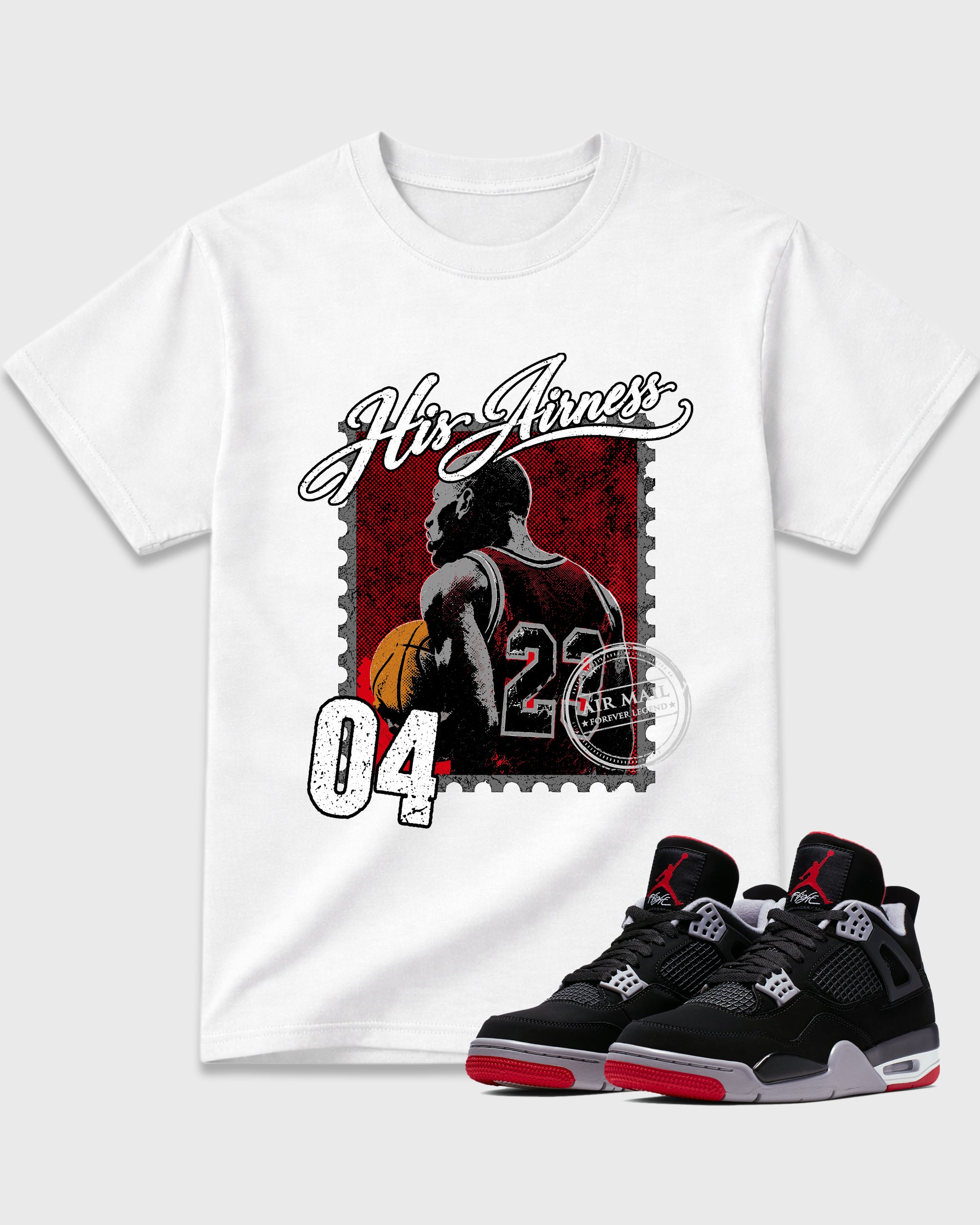 His Airness Graphic T-Shirt featuring original streetwear artwork designed to match the Air Jordan 4 Bred. White 1 Graphic T-Shirt.