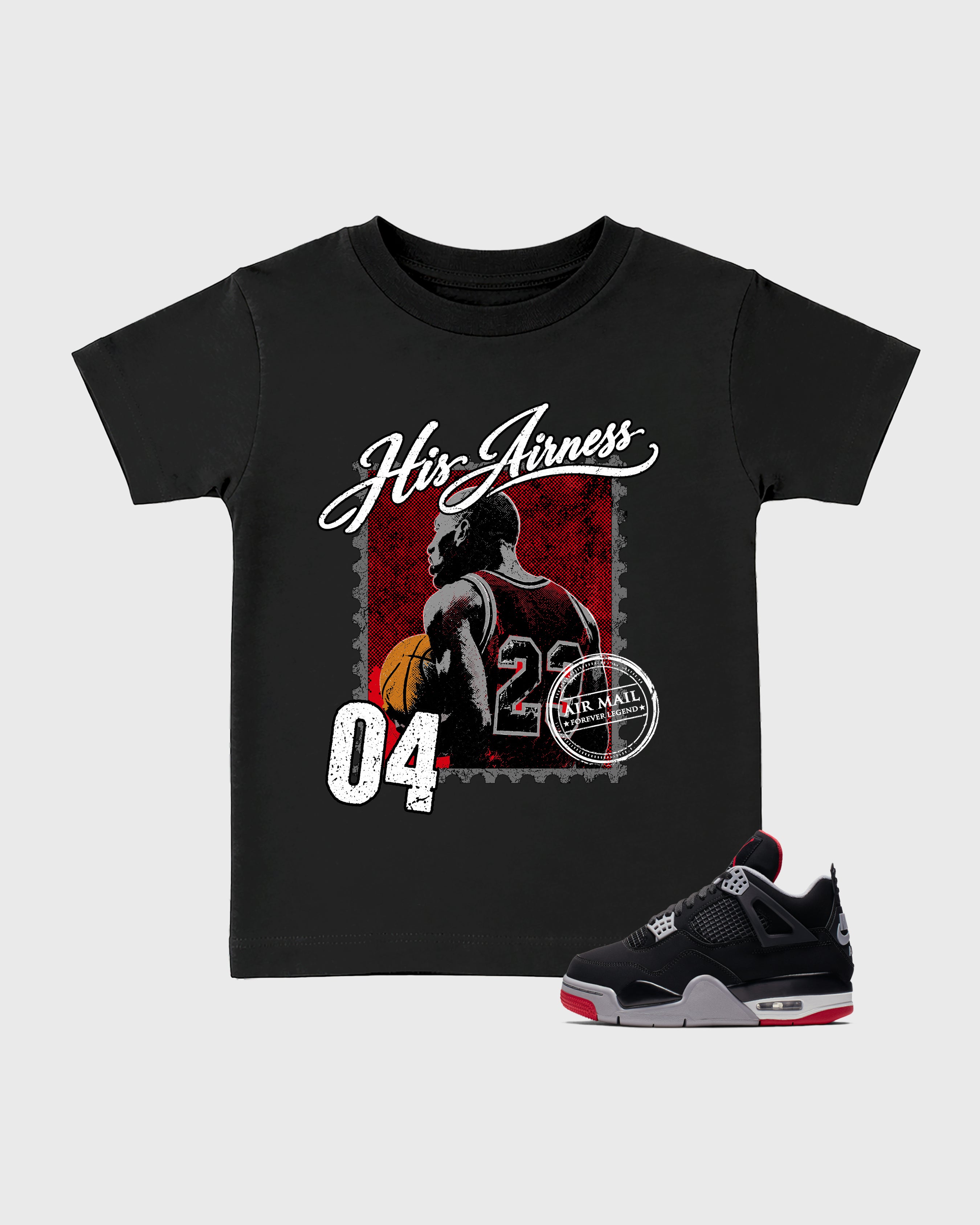 His Airness Baby & Kids Graphic T-Shirt featuring original artwork designed to match the Air Jordan 4 Bred. Black 1 Kids Graphic Tee.