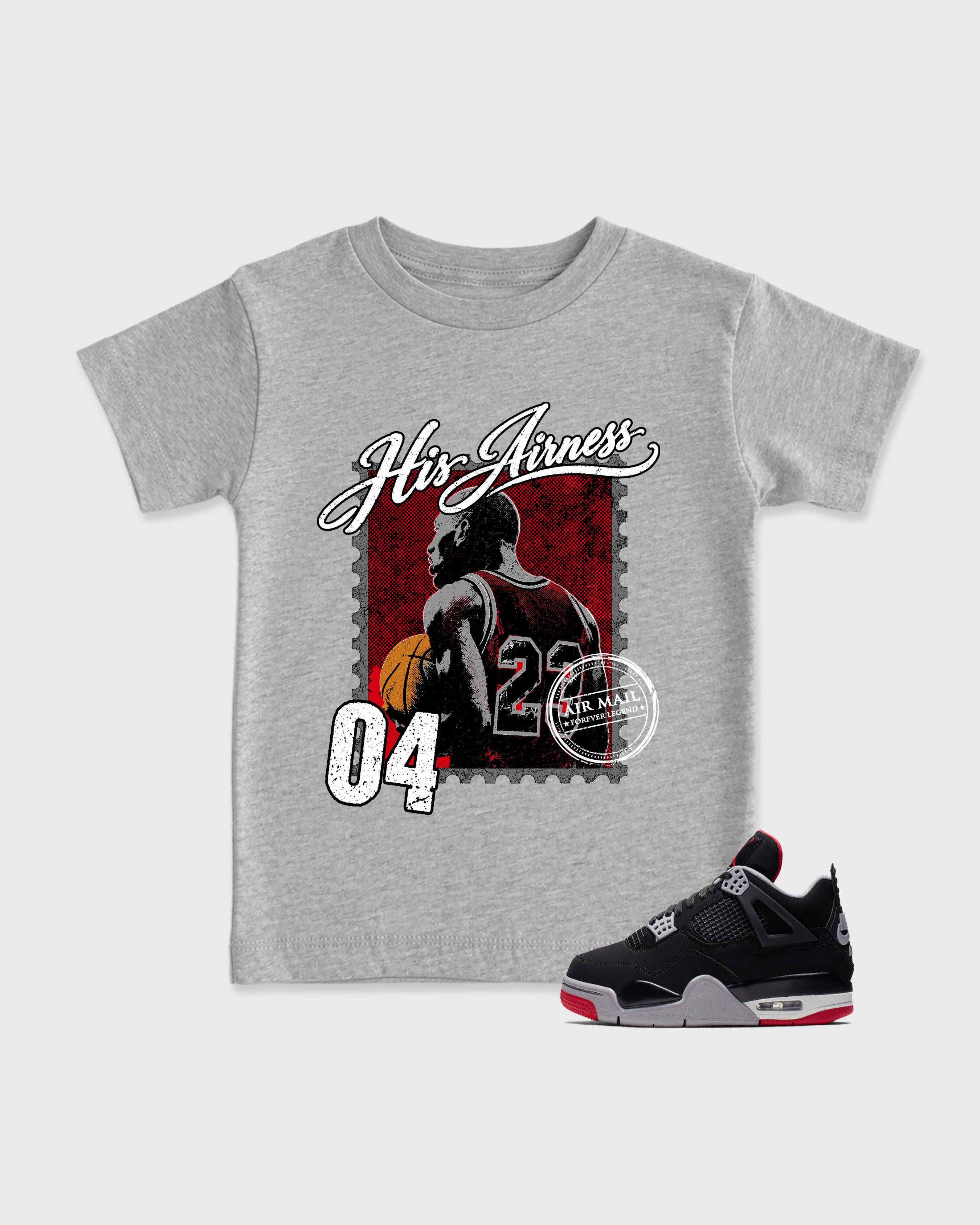 His Airness Baby & Kids Graphic T-Shirt featuring original artwork designed to match the Air Jordan 4 Bred. Heather Grey 1 Kids Graphic Tee.
