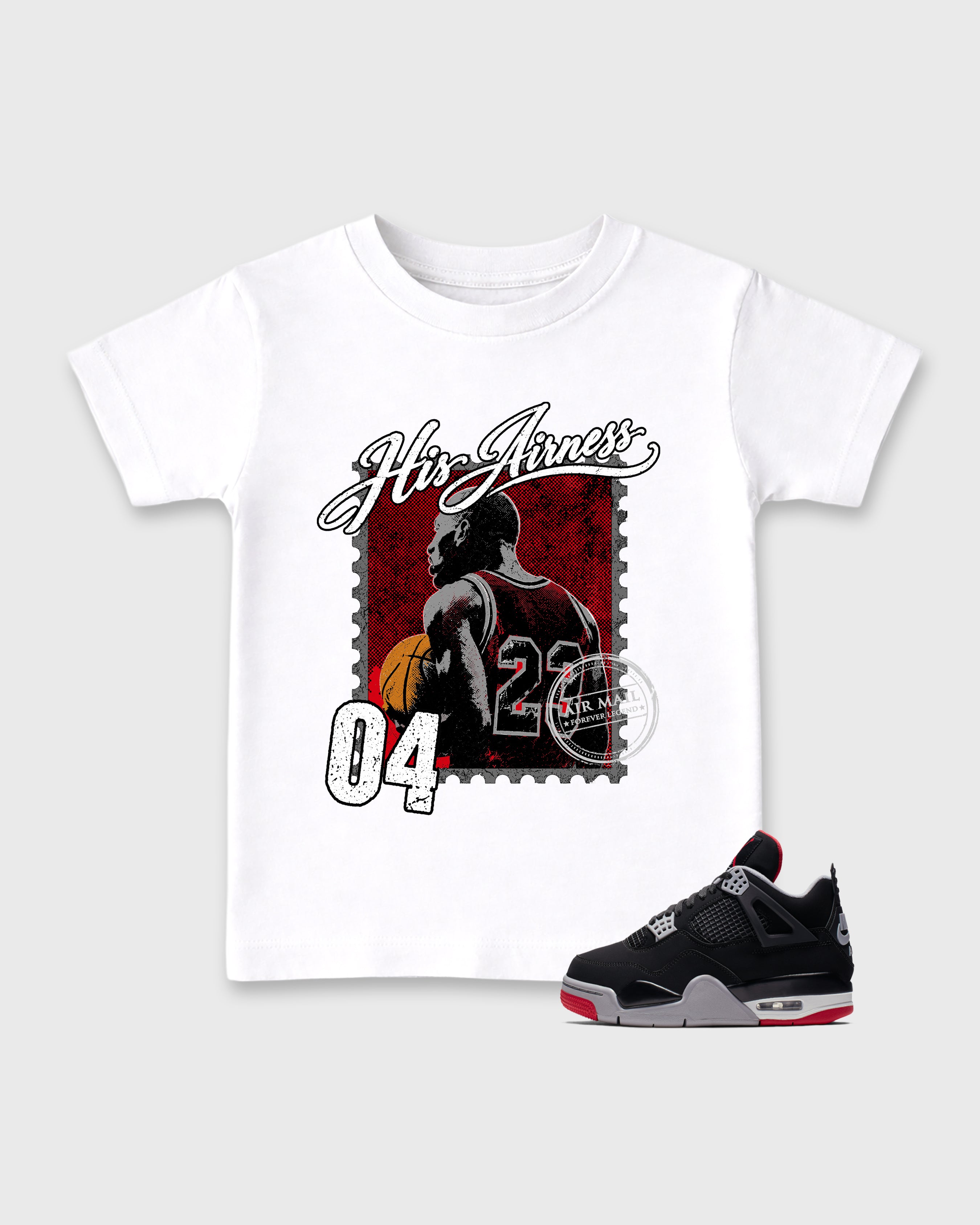 His Airness Baby & Kids Graphic T-Shirt featuring original artwork designed to match the Air Jordan 4 Bred. White 1 Kids Graphic Tee.