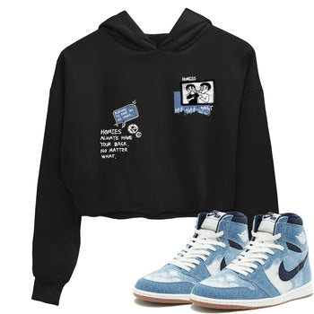 1s Denim shirts to match jordans Homies Only sneaker match tees Air Jordan 1 Denim SNRT Sneaker Tees streetwear brand Black 1 crop tee