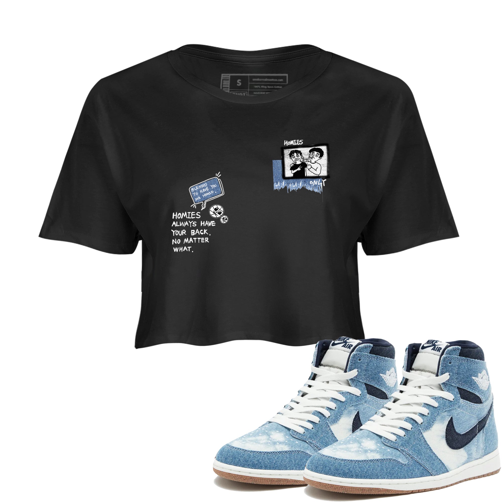 1s Denim shirts to match jordans Homies Only sneaker match tees Air Jordan 1 Denim SNRT Sneaker Tees streetwear brand Black 1 crop tee