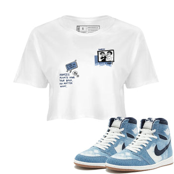 1s Denim shirts to match jordans Homies Only sneaker match tees Air Jordan 1 Denim SNRT Sneaker Tees streetwear brand White 1 crop tee