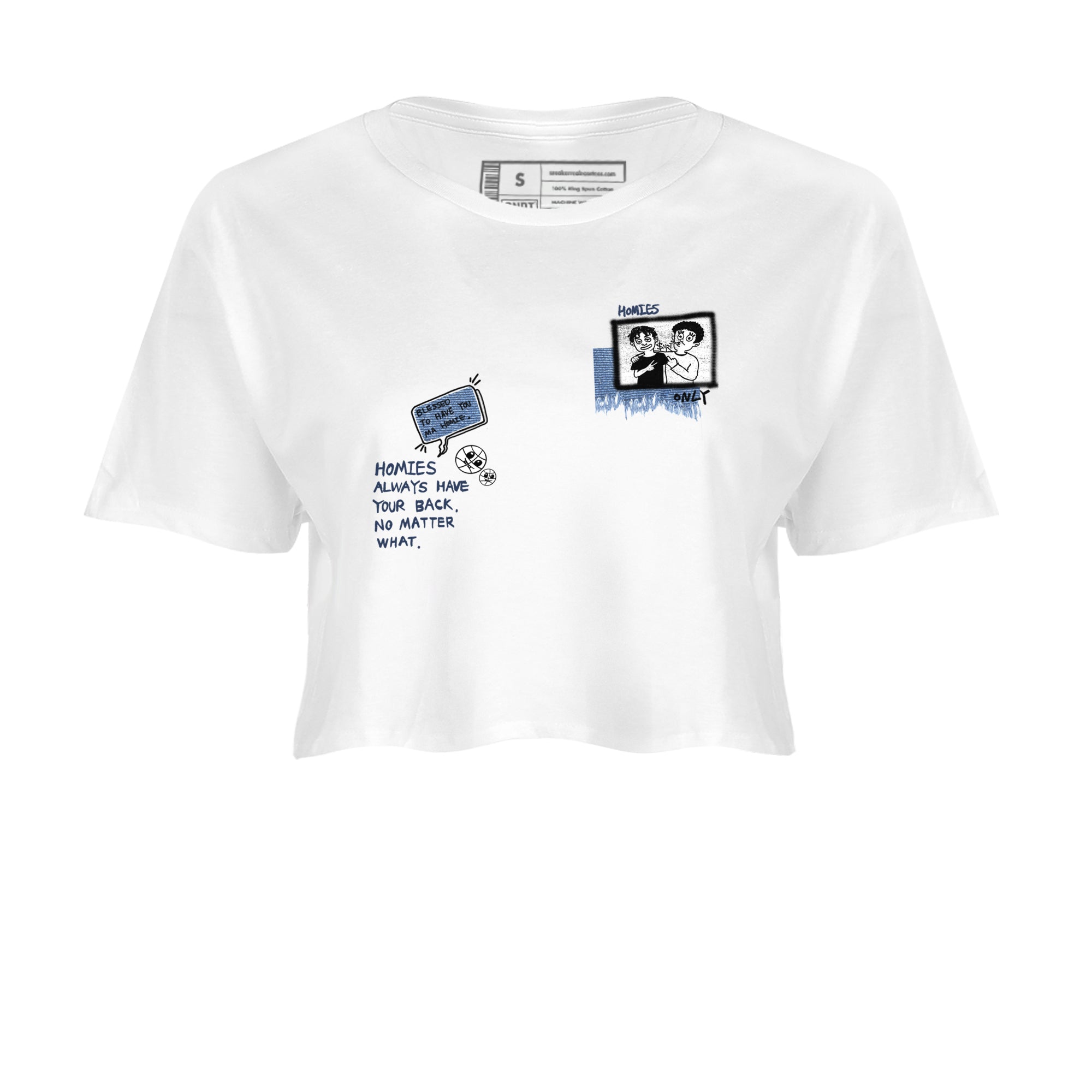 1s Denim shirts to match jordans Homies Only sneaker match tees Air Jordan 1 Denim SNRT Sneaker Tees streetwear brand White 2 crop tee