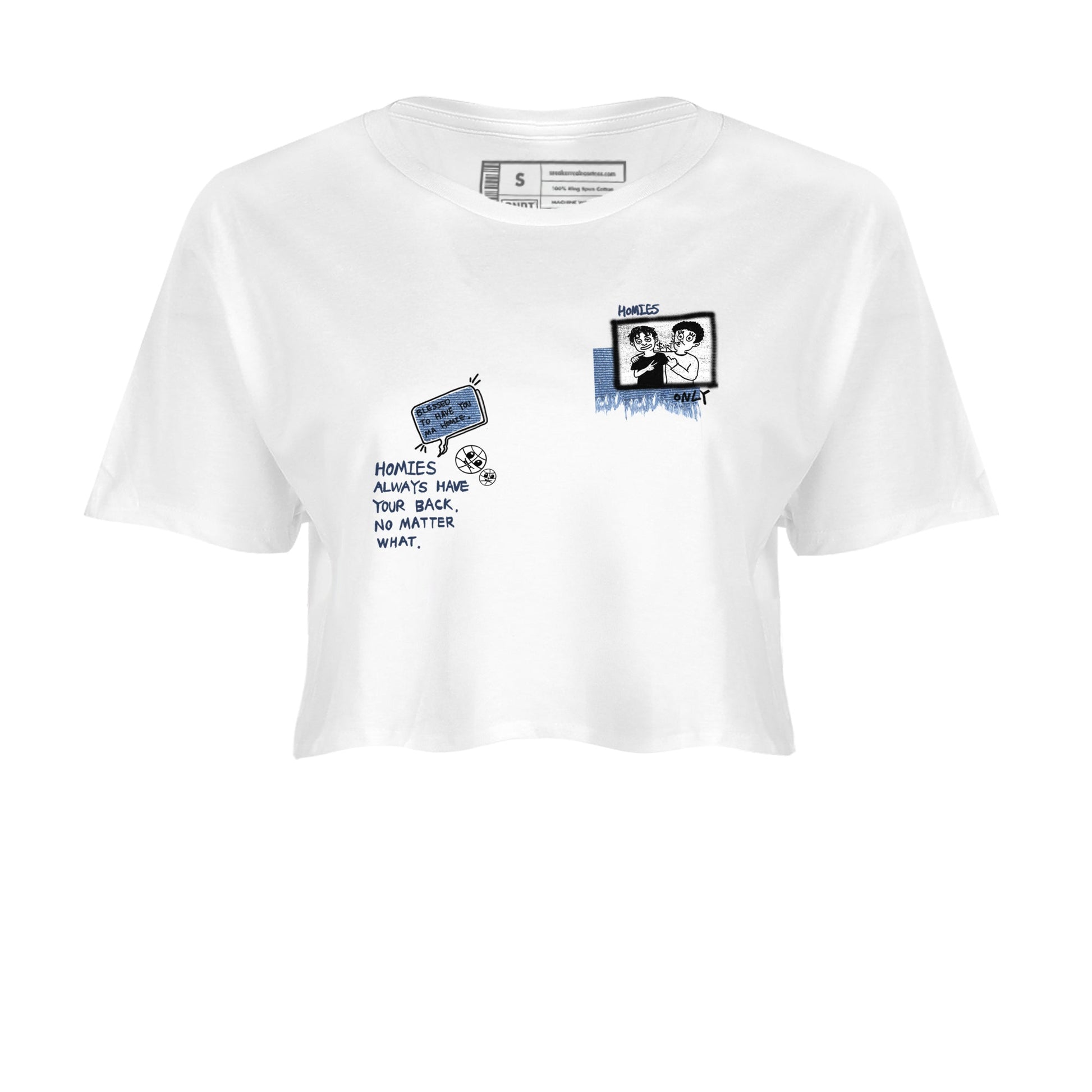 1s Denim shirts to match jordans Homies Only sneaker match tees Air Jordan 1 Denim SNRT Sneaker Tees streetwear brand White 2 crop tee