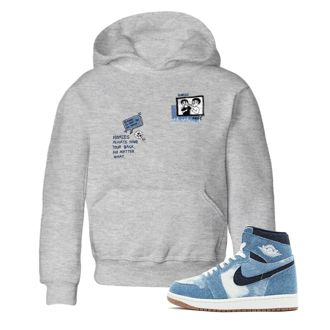 1s Denim shirts to match jordans Homies Only sneaker match tees Air Jordan 1 Denim SNRT Sneaker Tees streetwear brand Baby and Youth Heather Grey 1 cotton tee