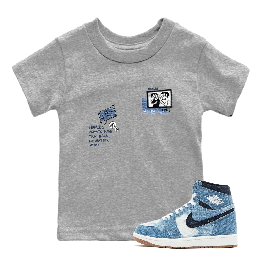 1s Denim shirts to match jordans Homies Only sneaker match tees Air Jordan 1 Denim SNRT Sneaker Tees streetwear brand Baby and Youth Heather Grey 1 cotton tee