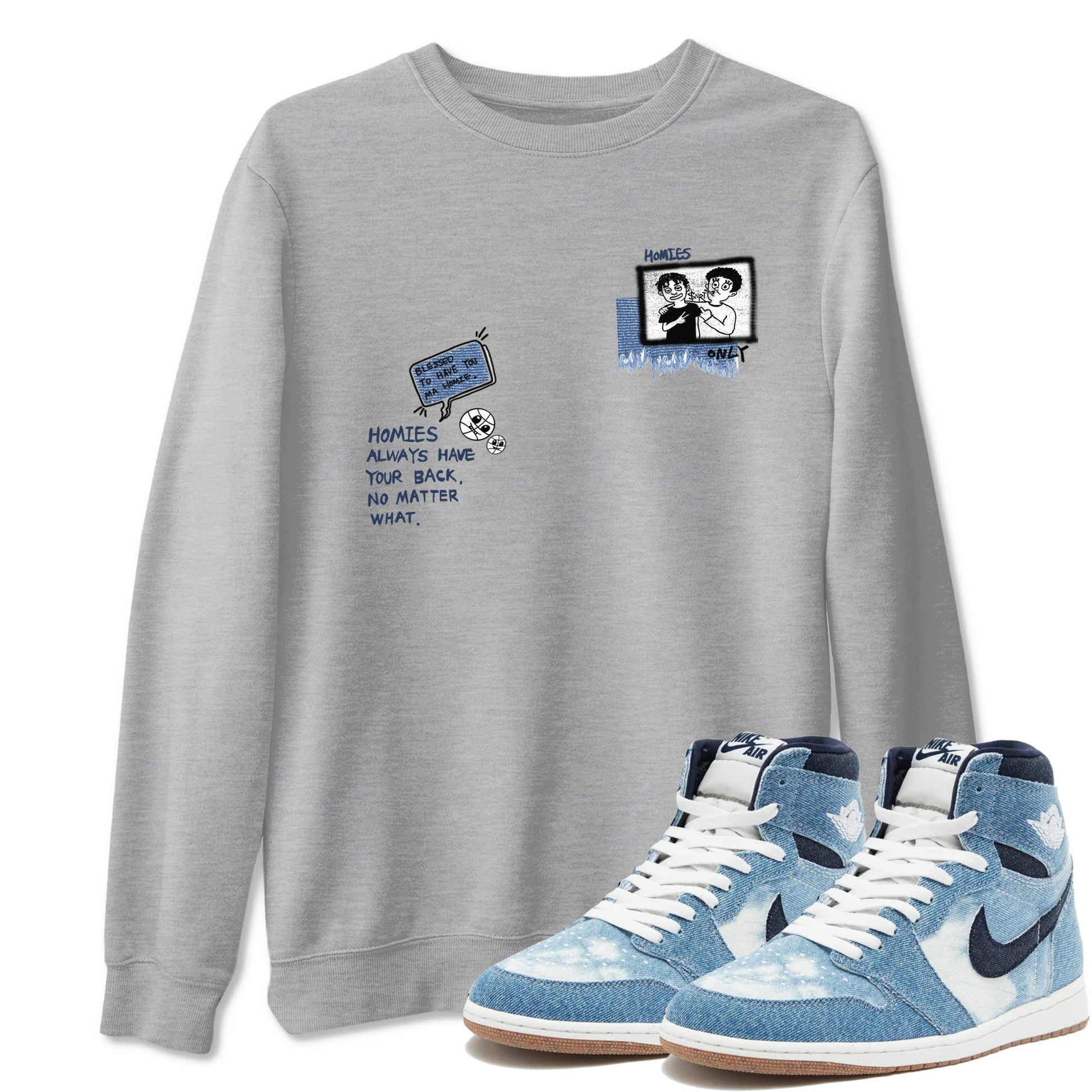 1s Denim shirts to match jordans Homies Only sneaker match tees Air Jordan 1 Denim SNRT Sneaker Tees streetwear brand Heather Grey 1 unisex cotton tee