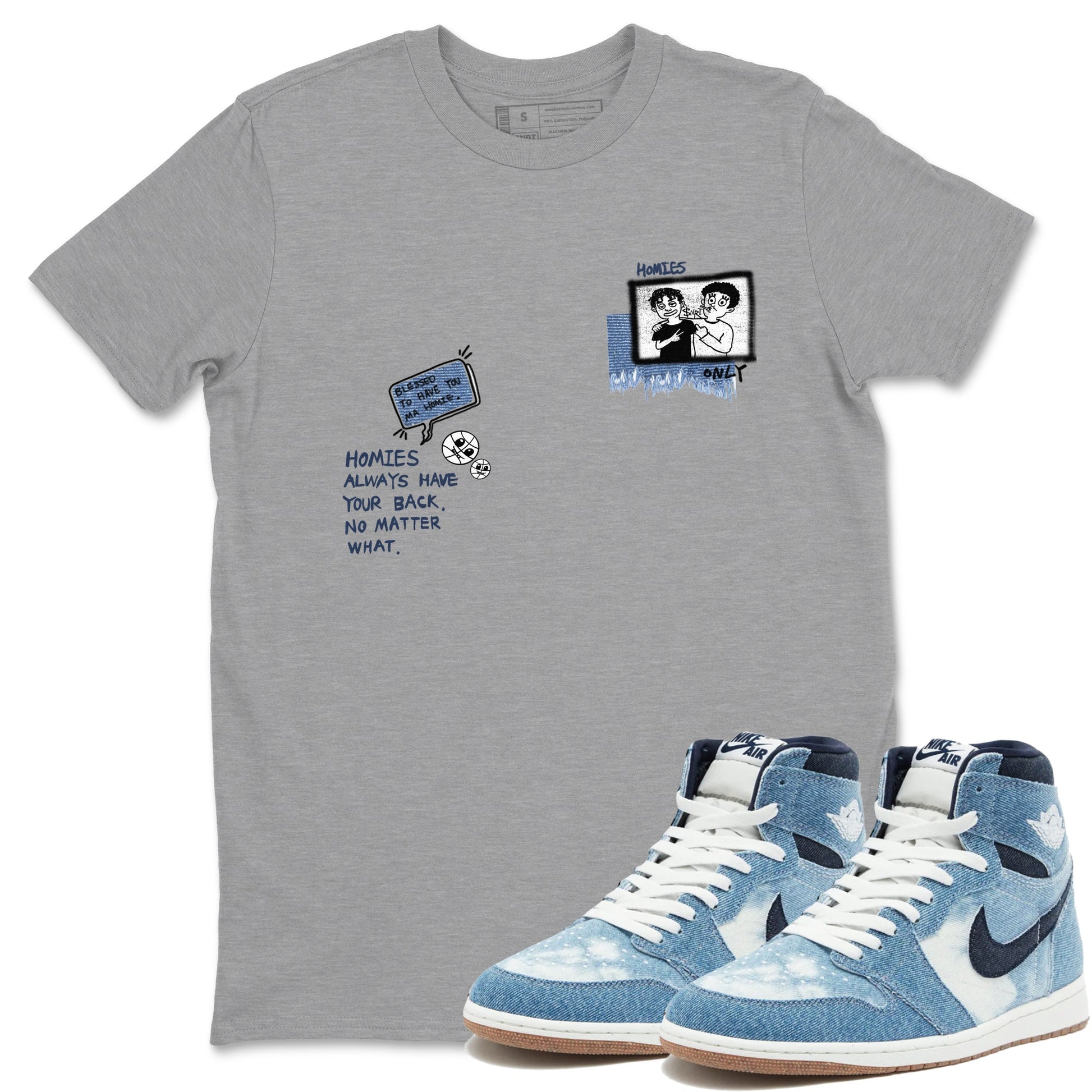 1s Denim shirts to match jordans Homies Only sneaker match tees Air Jordan 1 Denim SNRT Sneaker Tees streetwear brand Heather Grey 1 unisex cotton tee