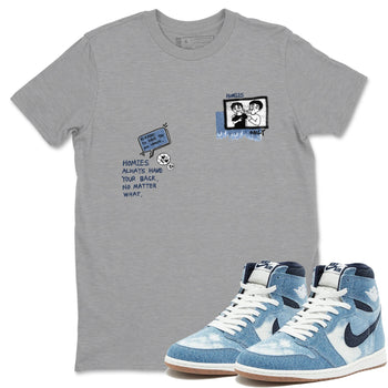 1s Denim shirts to match jordans Homies Only sneaker match tees Air Jordan 1 Denim SNRT Sneaker Tees streetwear brand Heather Grey 1 unisex cotton tee