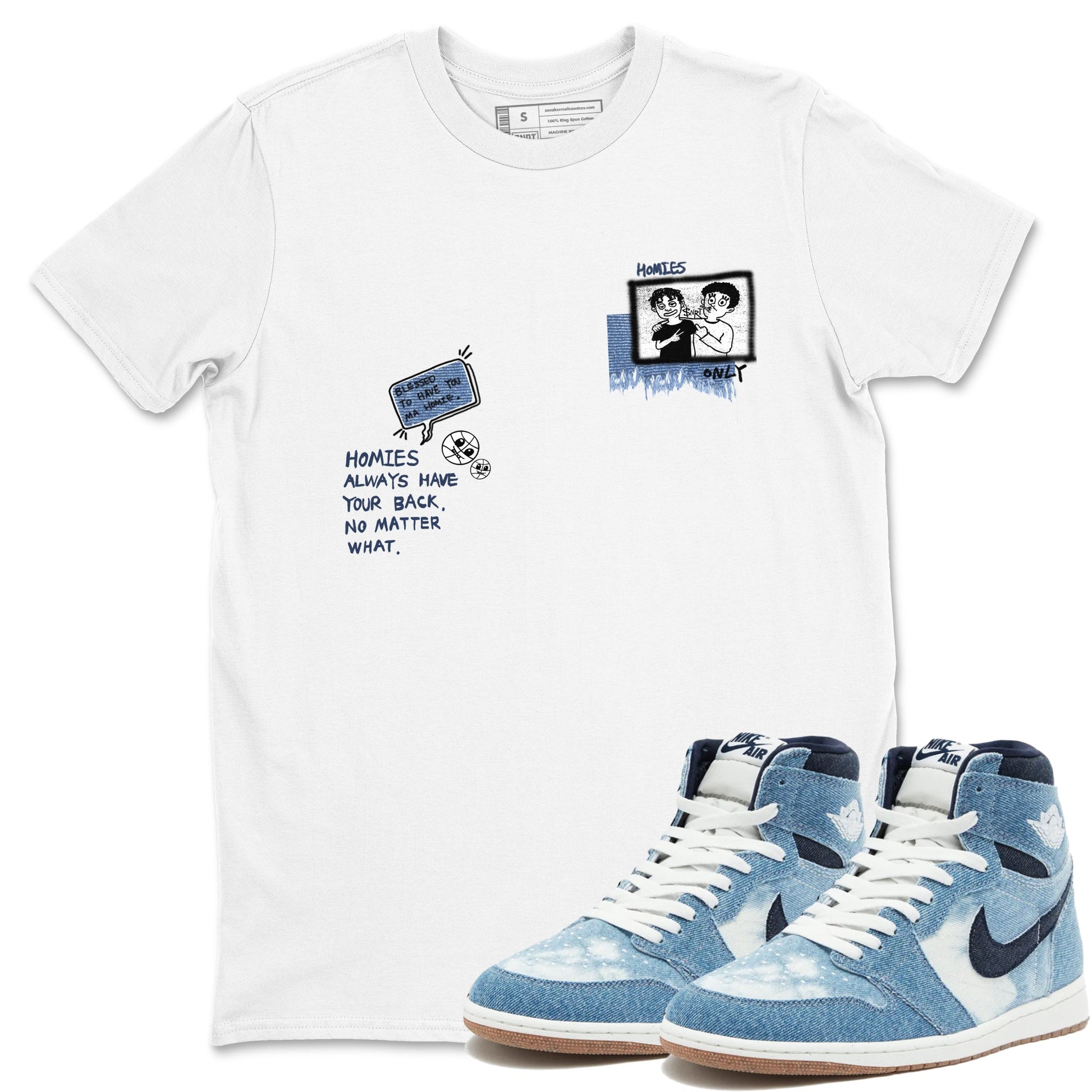 1s Denim shirts to match jordans Homies Only sneaker match tees Air Jordan 1 Denim SNRT Sneaker Tees streetwear brand White 1 unisex cotton tee