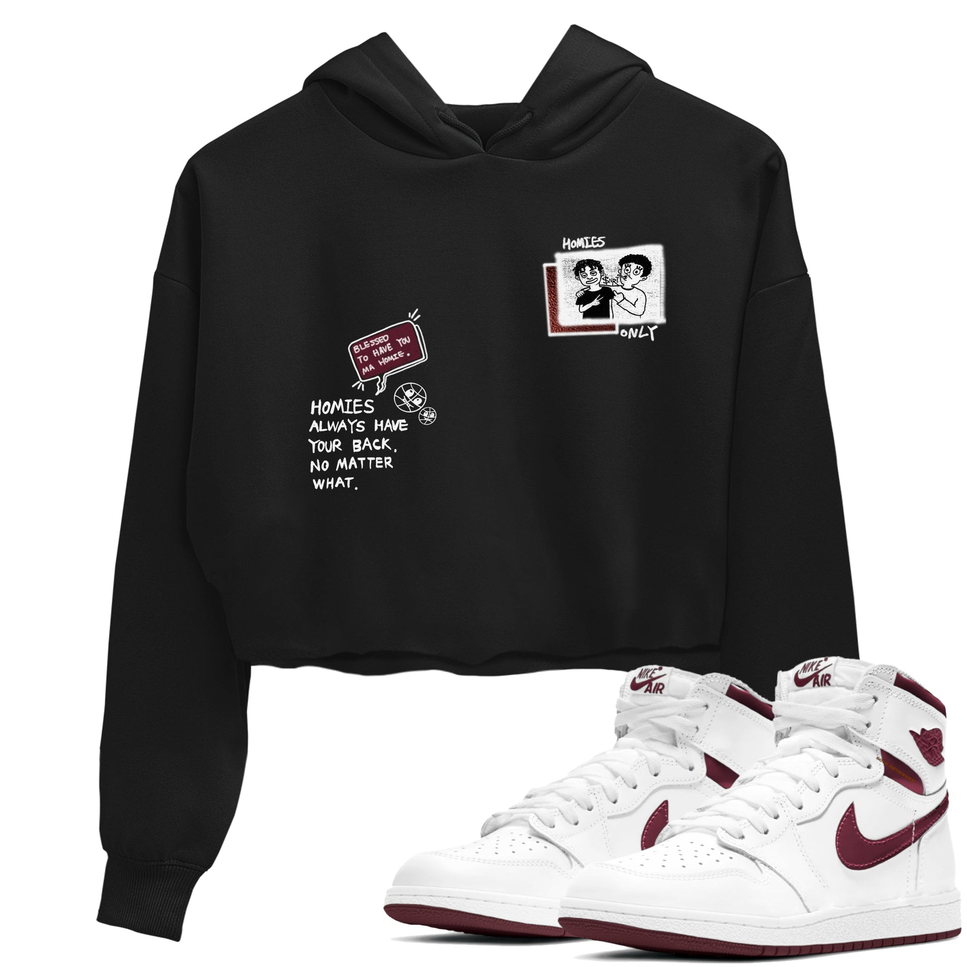 AJ1 High '85 Metallic Burgundy shirts to match jordans Homies Only sneaker match tees 1s High '85 Metallic Burgundy SNRT Sneaker Tees streetwear brand Black 1 crop tee