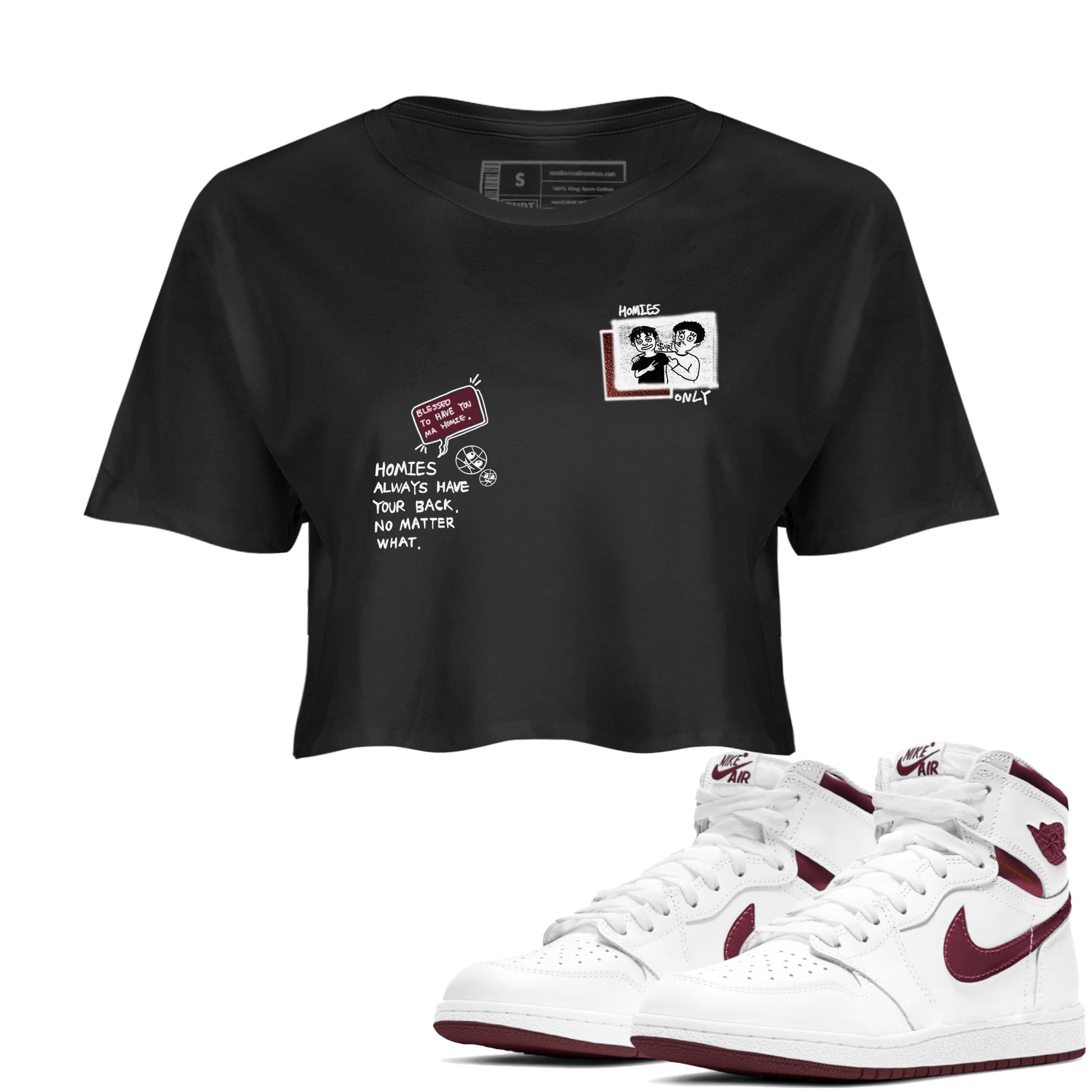 AJ1 High '85 Metallic Burgundy shirts to match jordans Homies Only sneaker match tees 1s High '85 Metallic Burgundy SNRT Sneaker Tees streetwear brand Black 1 crop tee