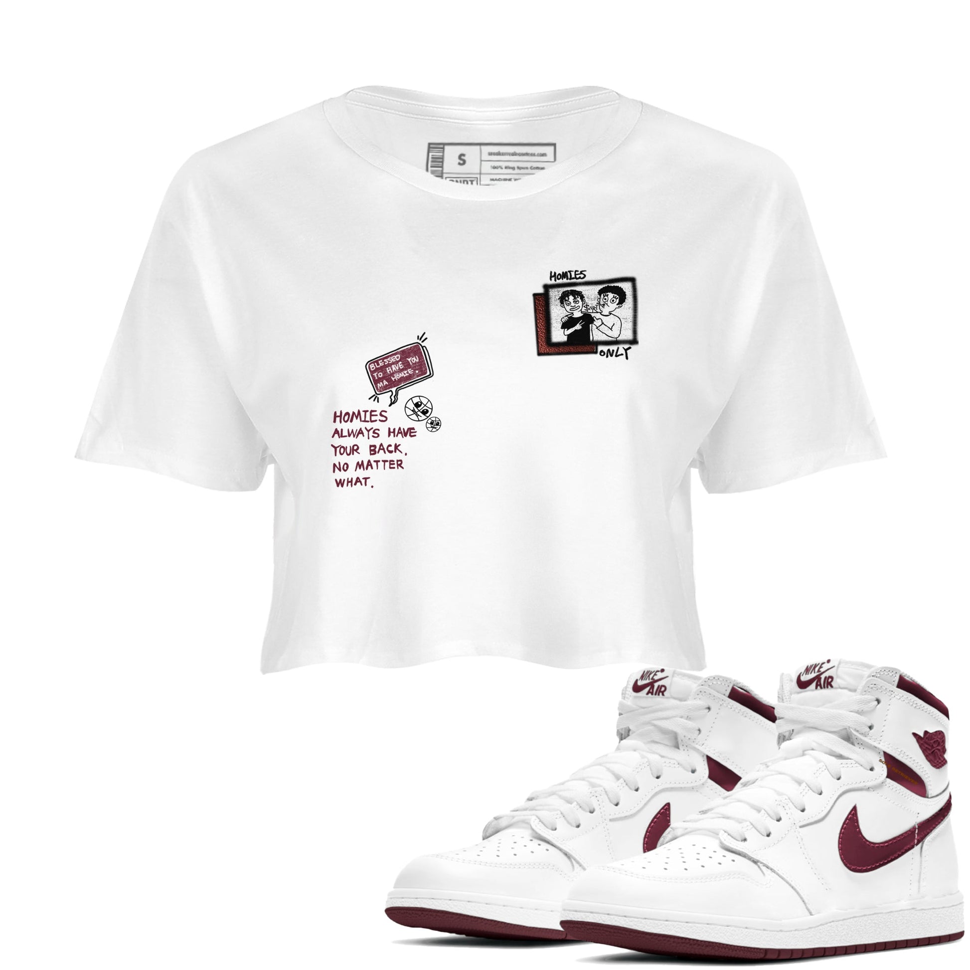 AJ1 High '85 Metallic Burgundy shirts to match jordans Homies Only sneaker match tees 1s High '85 Metallic Burgundy SNRT Sneaker Tees streetwear brand White 1 crop tee