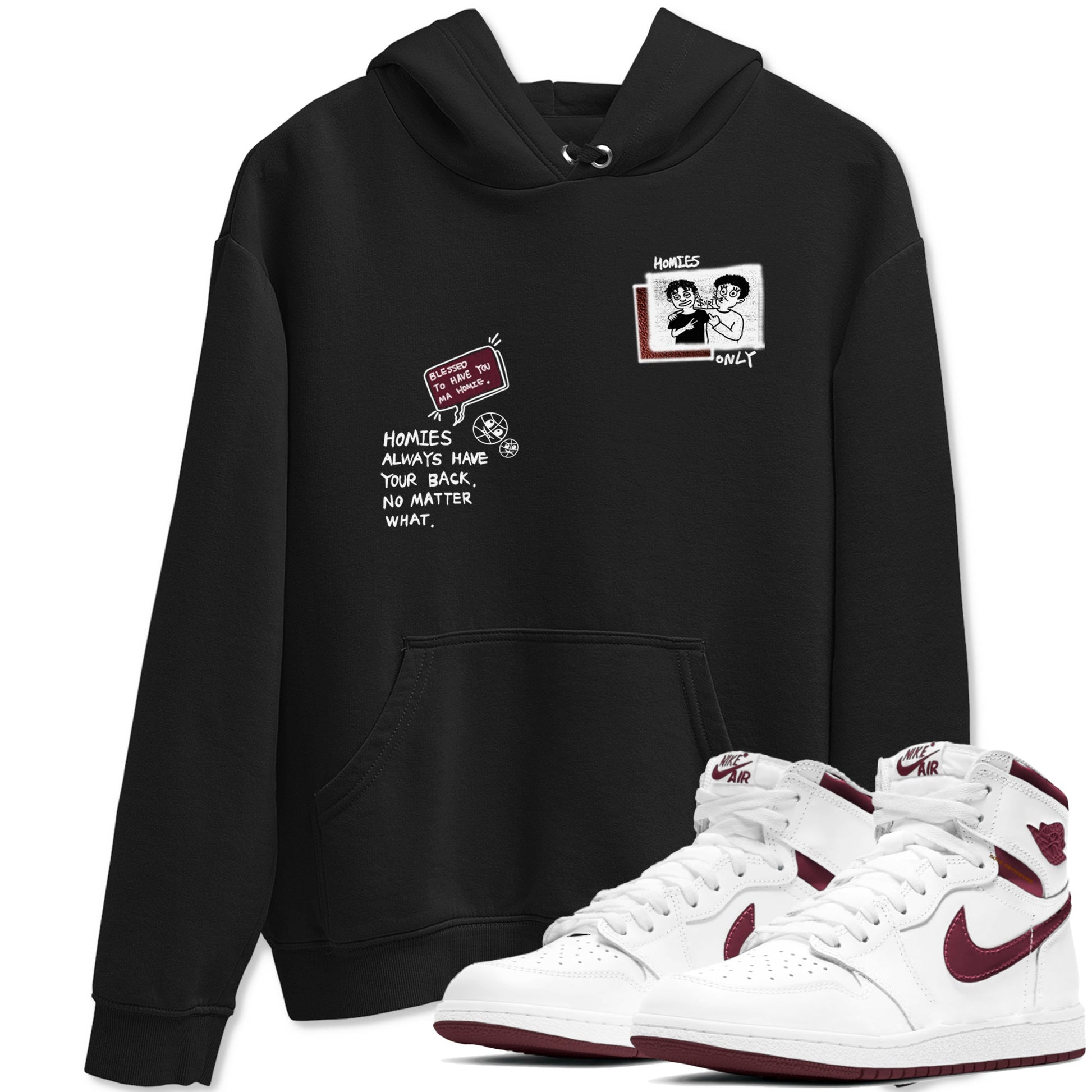 AJ1 High '85 Metallic Burgundy shirts to match jordans Homies Only sneaker match tees 1s High '85 Metallic Burgundy SNRT Sneaker Tees streetwear brand Black 1 unisex cotton tee