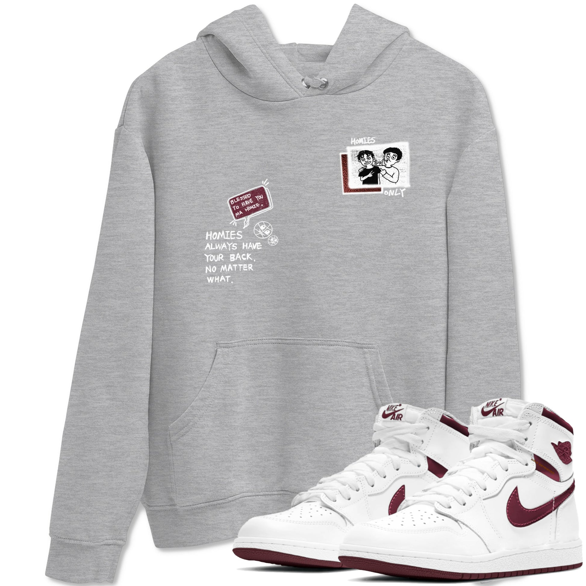 AJ1 High '85 Metallic Burgundy shirts to match jordans Homies Only sneaker match tees 1s High '85 Metallic Burgundy SNRT Sneaker Tees streetwear brand Heather Grey 1 unisex cotton tee