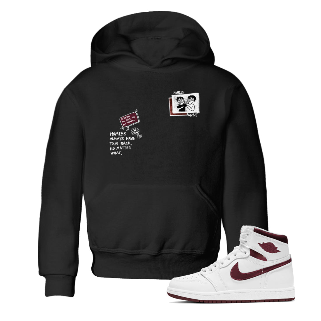 AJ1 High '85 Metallic Burgundy shirts to match jordans Homies Only sneaker match tees 1s High '85 Metallic Burgundy SNRT Sneaker Tees streetwear brand Baby and Youth Black 1 cotton tee