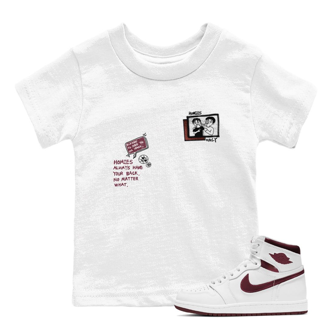 AJ1 High '85 Metallic Burgundy shirts to match jordans Homies Only sneaker match tees 1s High '85 Metallic Burgundy SNRT Sneaker Tees streetwear brand Baby and Youth White 1 cotton tee