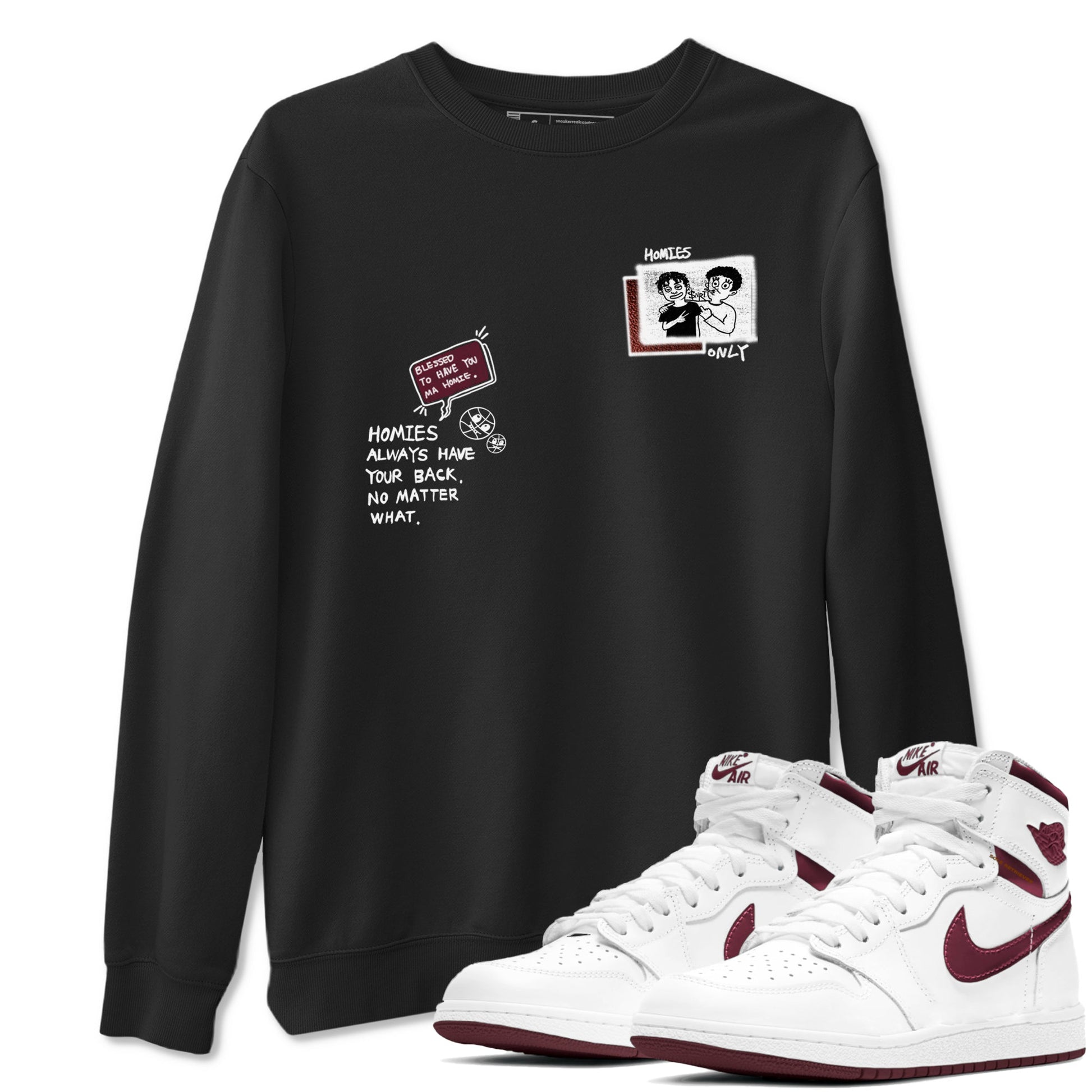 AJ1 High '85 Metallic Burgundy shirts to match jordans Homies Only sneaker match tees 1s High '85 Metallic Burgundy SNRT Sneaker Tees streetwear brand Black 1 unisex cotton tee