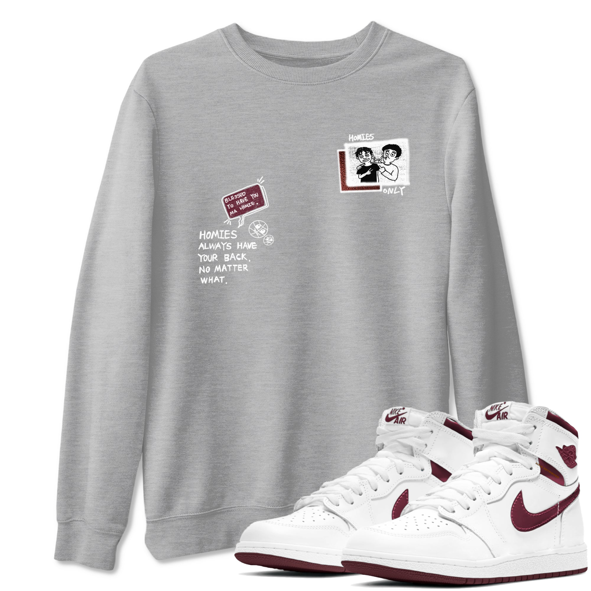 AJ1 High '85 Metallic Burgundy shirts to match jordans Homies Only sneaker match tees 1s High '85 Metallic Burgundy SNRT Sneaker Tees streetwear brand Heather Grey 1 unisex cotton tee