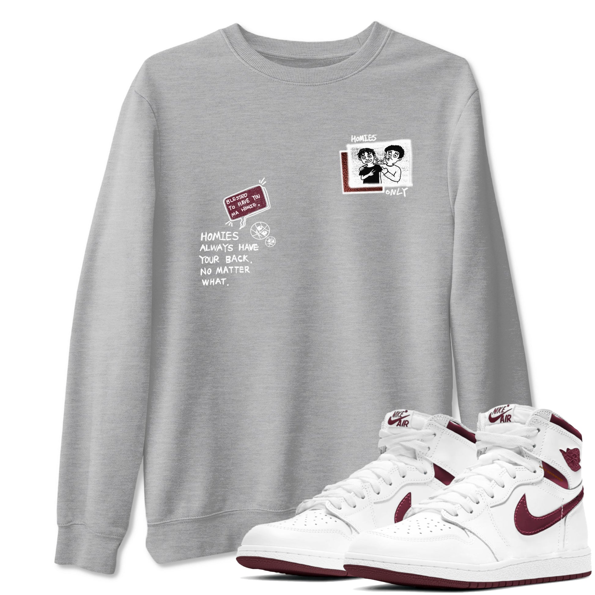AJ1 High '85 Metallic Burgundy shirts to match jordans Homies Only sneaker match tees 1s High '85 Metallic Burgundy SNRT Sneaker Tees streetwear brand Heather Grey 1 unisex cotton tee