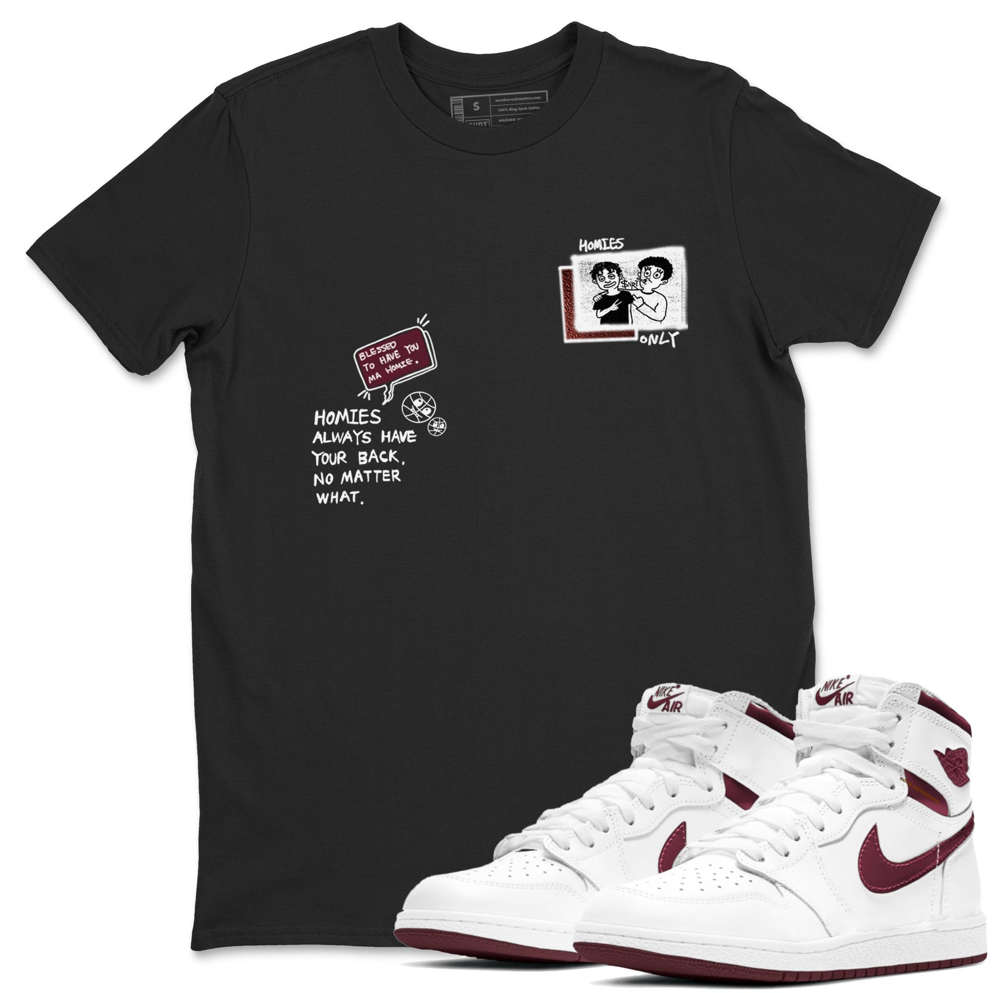 AJ1 High '85 Metallic Burgundy shirts to match jordans Homies Only sneaker match tees 1s High '85 Metallic Burgundy SNRT Sneaker Tees streetwear brand Black 1 unisex cotton tee