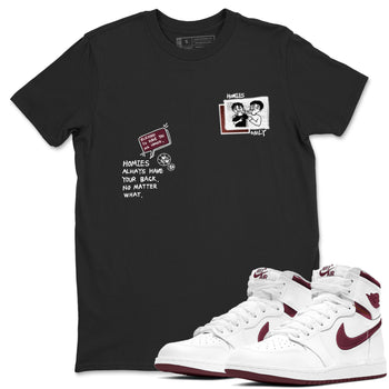 AJ1 High '85 Metallic Burgundy shirts to match jordans Homies Only sneaker match tees 1s High '85 Metallic Burgundy SNRT Sneaker Tees streetwear brand Black 1 unisex cotton tee