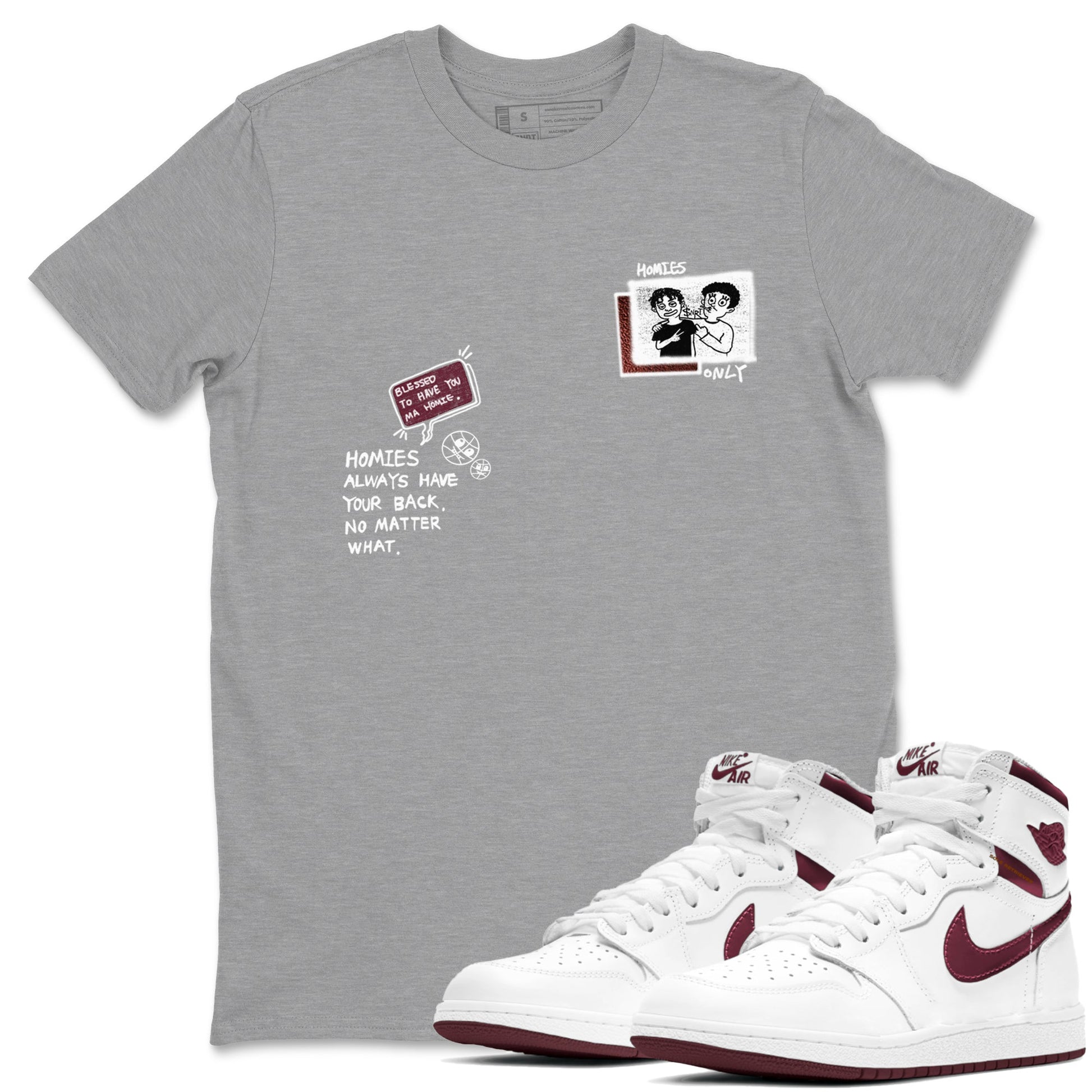 AJ1 High '85 Metallic Burgundy shirts to match jordans Homies Only sneaker match tees 1s High '85 Metallic Burgundy SNRT Sneaker Tees streetwear brand Heather Grey 1 unisex cotton tee