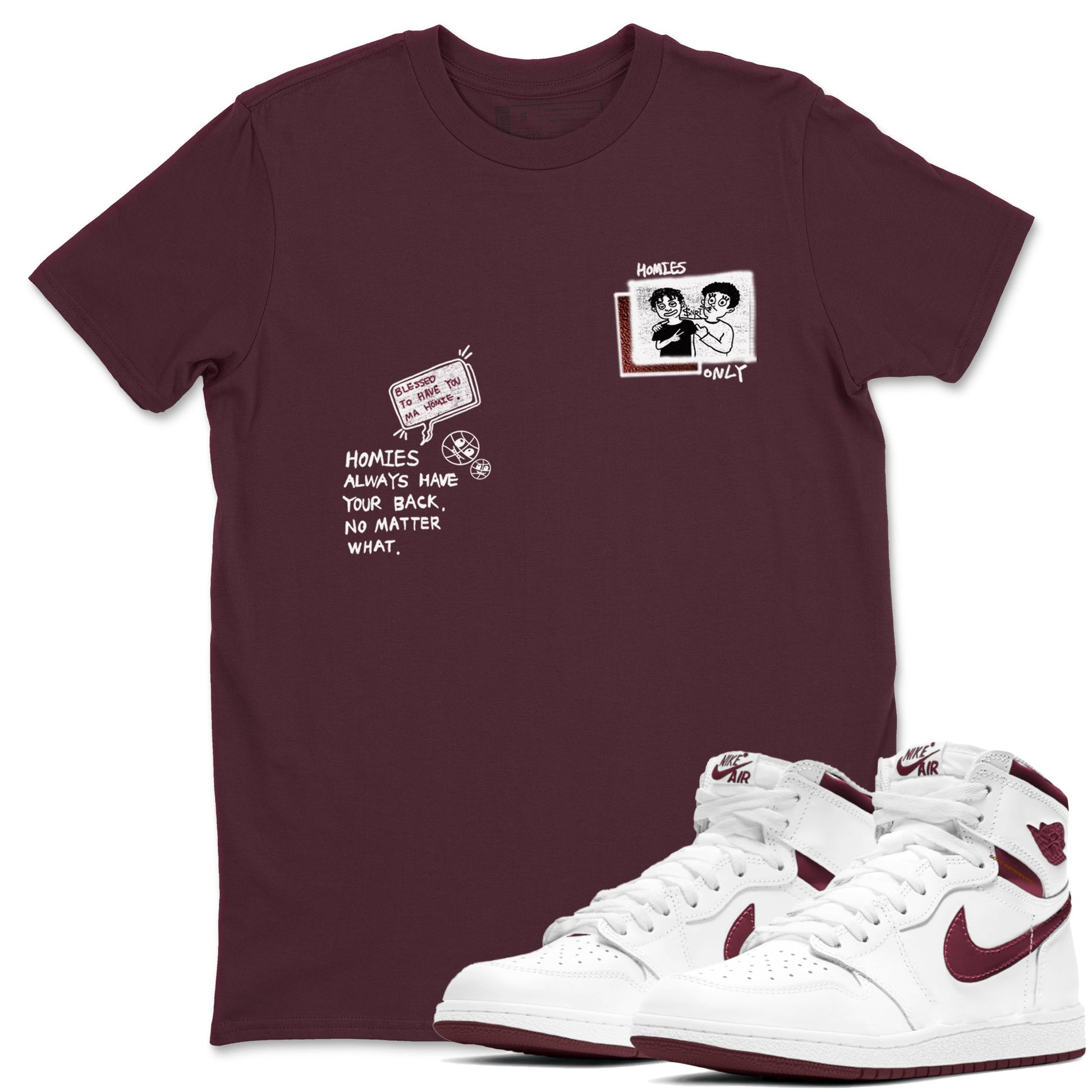 AJ1 High '85 Metallic Burgundy shirts to match jordans Homies Only sneaker match tees 1s High '85 Metallic Burgundy SNRT Sneaker Tees streetwear brand Maroon 1 unisex cotton tee