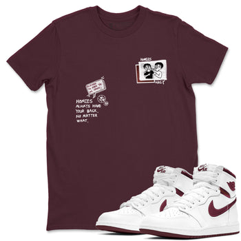 AJ1 High '85 Metallic Burgundy shirts to match jordans Homies Only sneaker match tees 1s High '85 Metallic Burgundy SNRT Sneaker Tees streetwear brand Maroon 1 unisex cotton tee