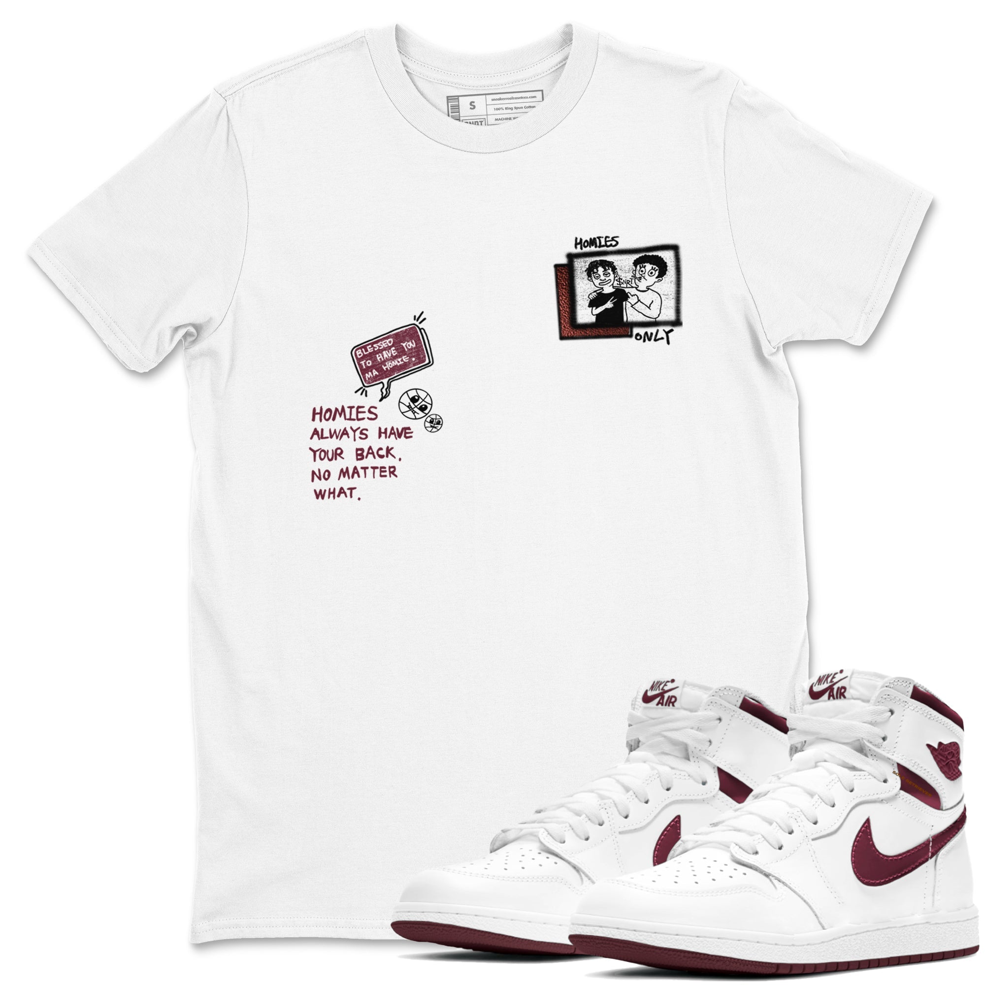 AJ1 High '85 Metallic Burgundy shirts to match jordans Homies Only sneaker match tees 1s High '85 Metallic Burgundy SNRT Sneaker Tees streetwear brand White 1 unisex cotton tee