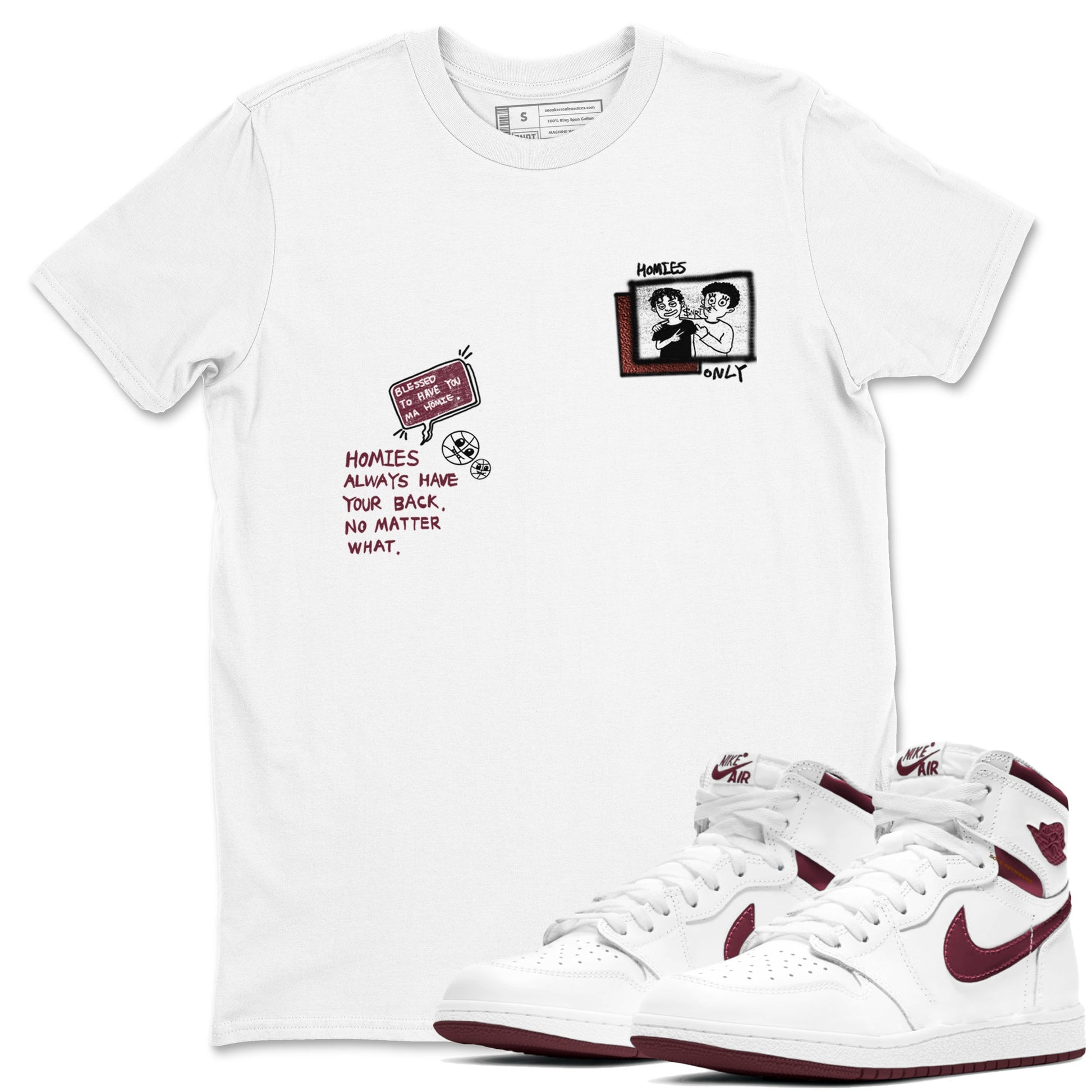 AJ1 High '85 Metallic Burgundy shirts to match jordans Homies Only sneaker match tees 1s High '85 Metallic Burgundy SNRT Sneaker Tees streetwear brand White 1 unisex cotton tee