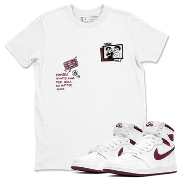 AJ1 High '85 Metallic Burgundy shirts to match jordans Homies Only sneaker match tees 1s High '85 Metallic Burgundy SNRT Sneaker Tees streetwear brand White 1 unisex cotton tee