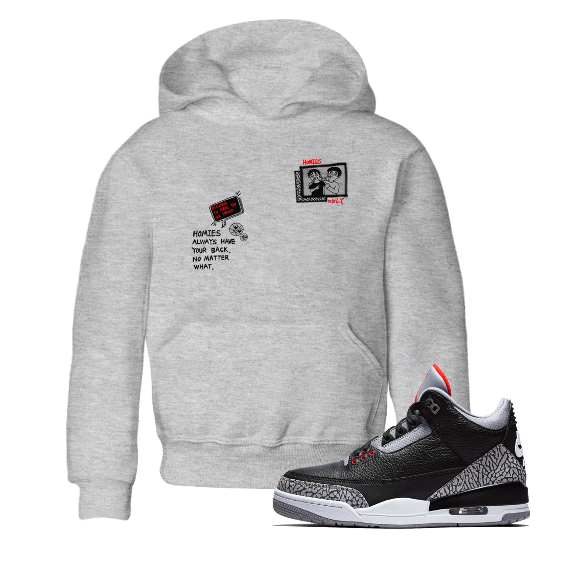 3s Black Cement shirts to match jordans Homies Only sneaker match tees Air Jordan 3 Black Cement match shoes to clothes SNRT Sneaker Tees Youth Baby Heather Grey 1 tee