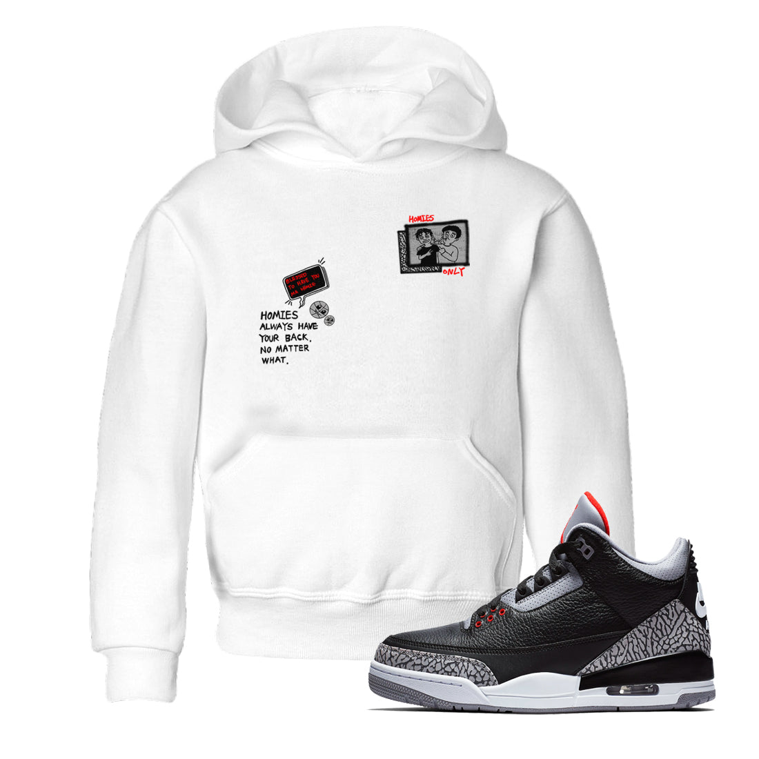 3s Black Cement shirts to match jordans Homies Only sneaker match tees Air Jordan 3 Black Cement match shoes to clothes SNRT Sneaker Tees Youth Baby White 1 tee