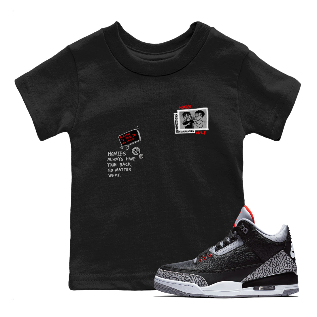 3s Black Cement shirts to match jordans Homies Only sneaker match tees Air Jordan 3 Black Cement match shoes to clothes SNRT Sneaker Tees Youth Baby Black 1 tee